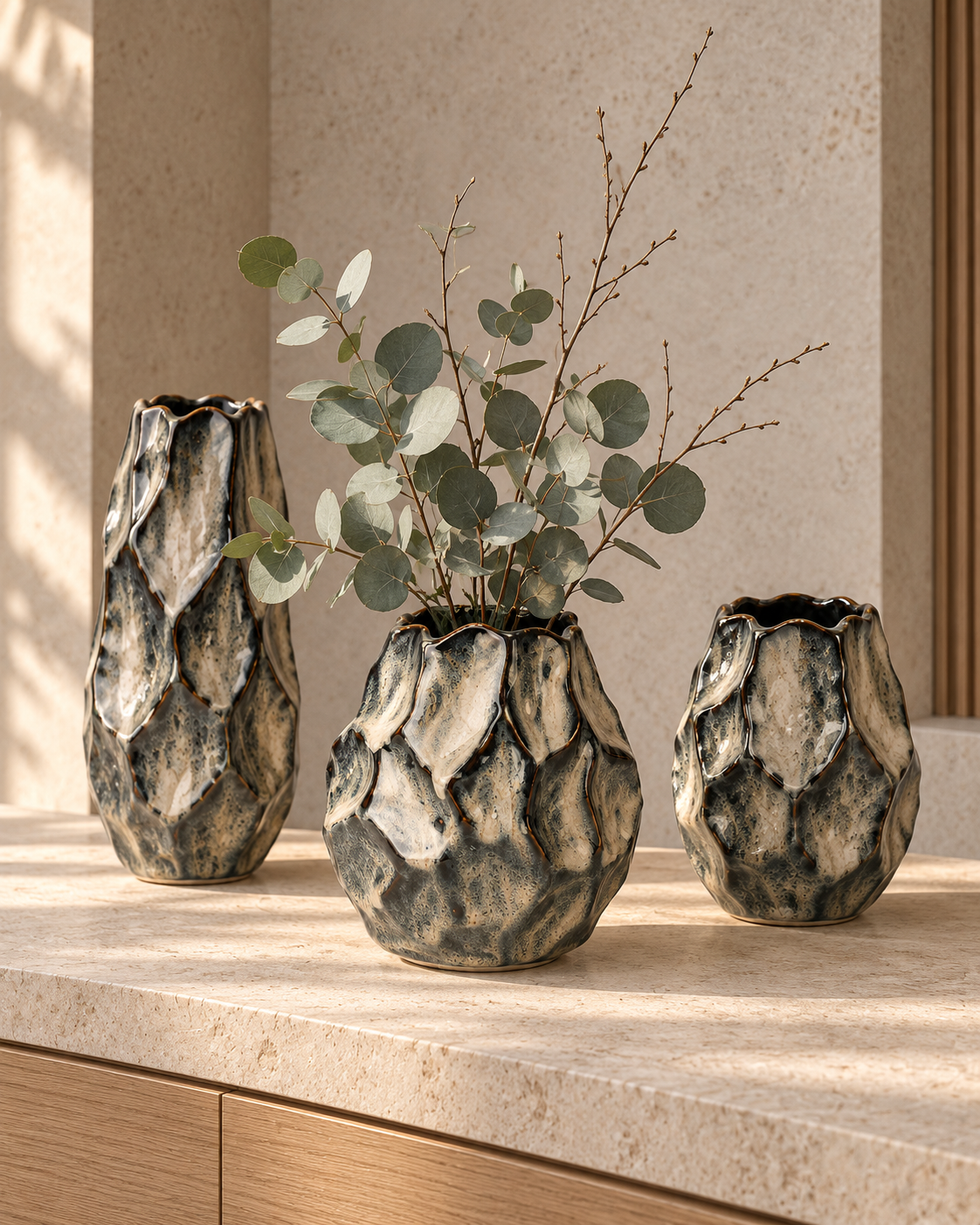 Organic Charcoal Rock-Texture Ceramic Floral Vessel