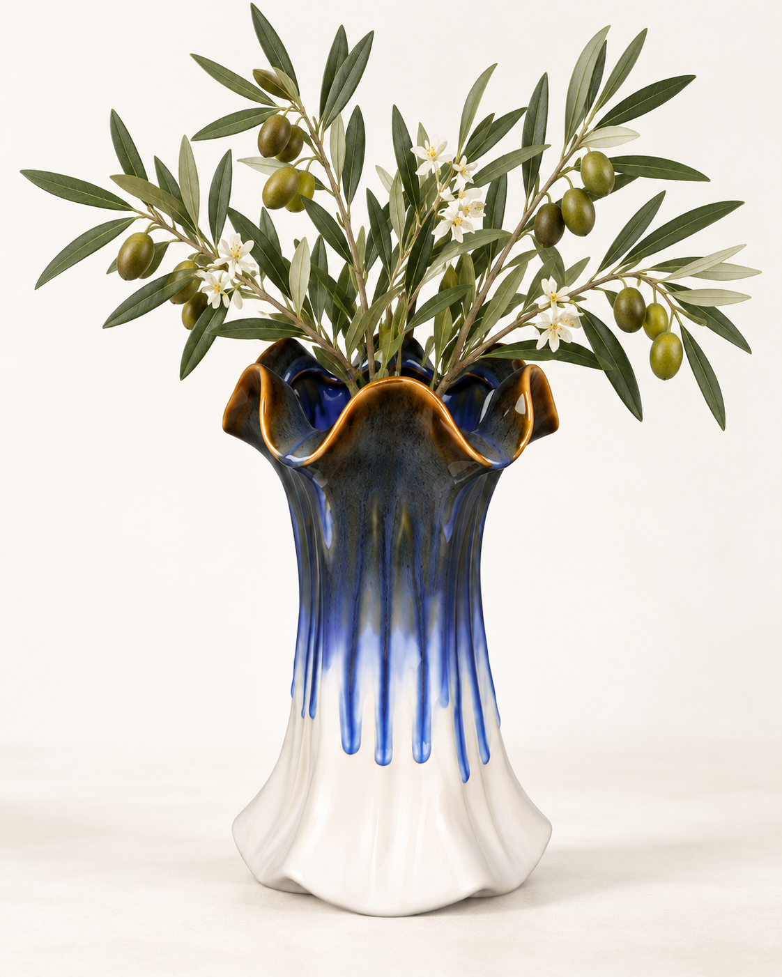 Tall Ruffled Blue Drip Ceramic Floral Vessel