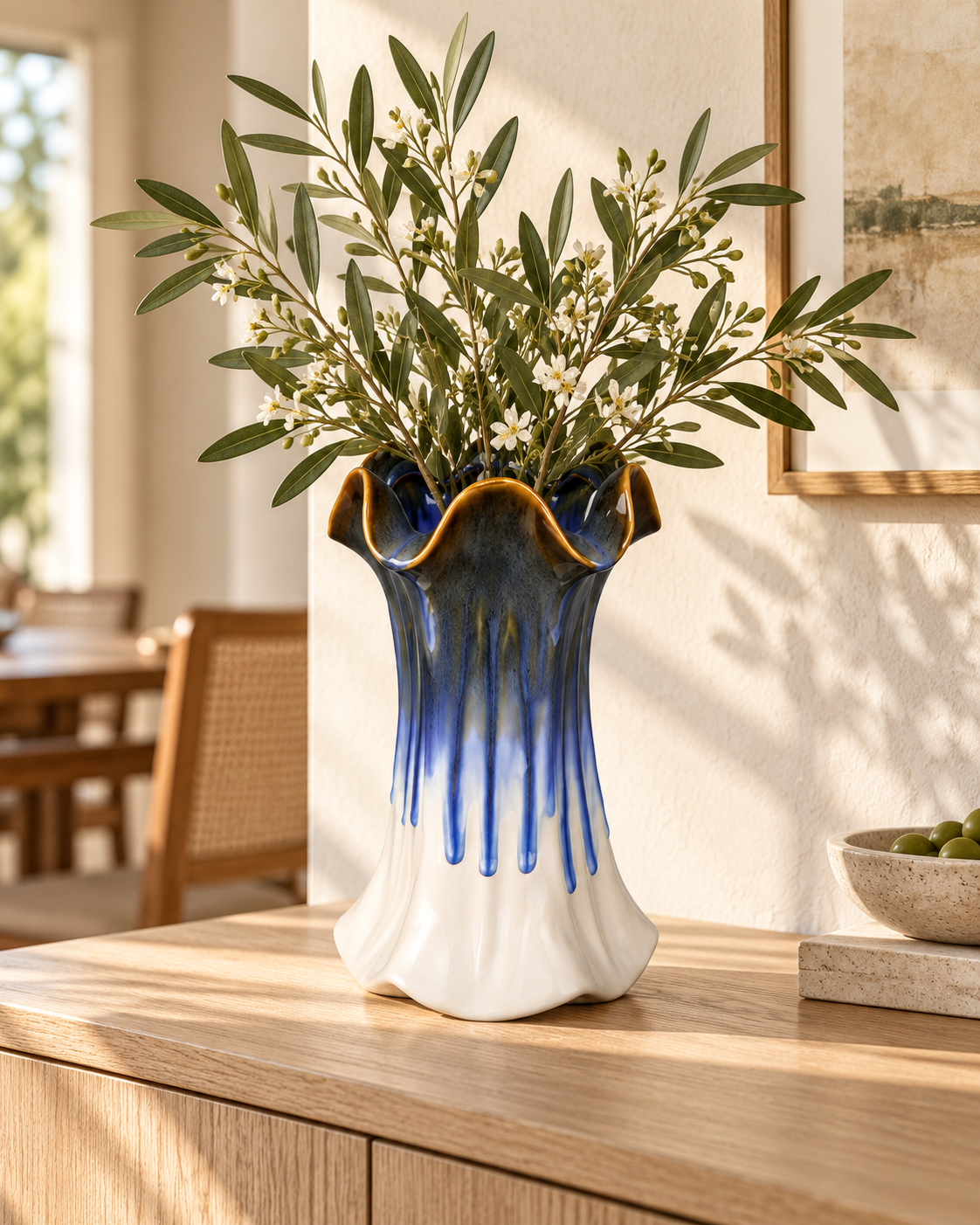 Tall Ruffled Blue Drip Ceramic Floral Vessel