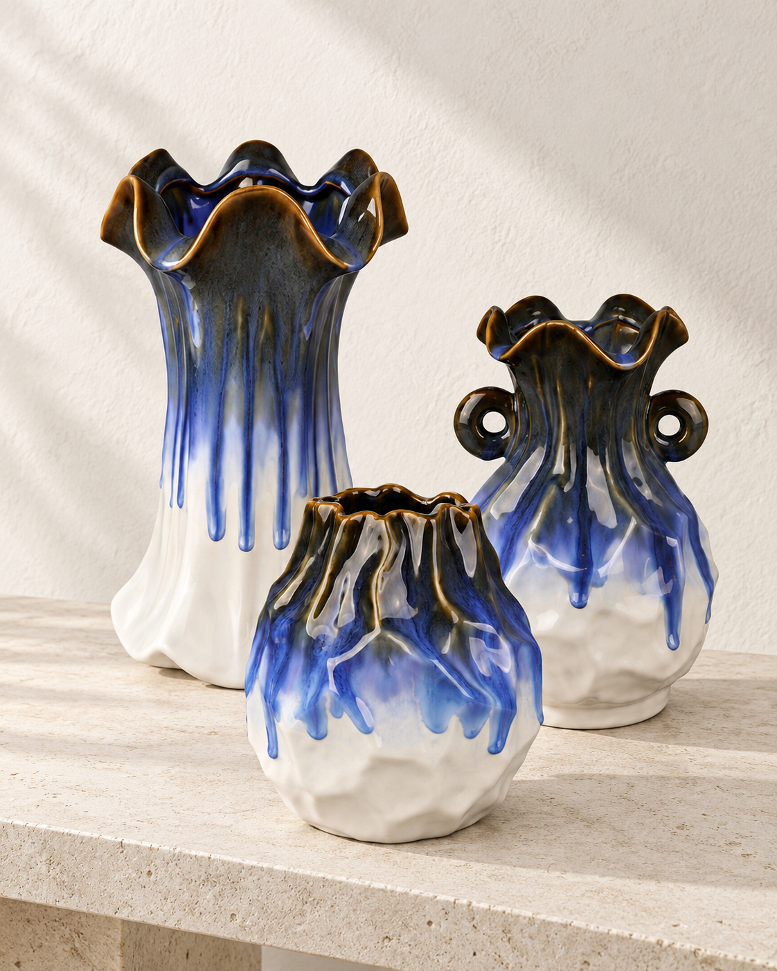 Tall Ruffled Blue Drip Ceramic Floral Vessel