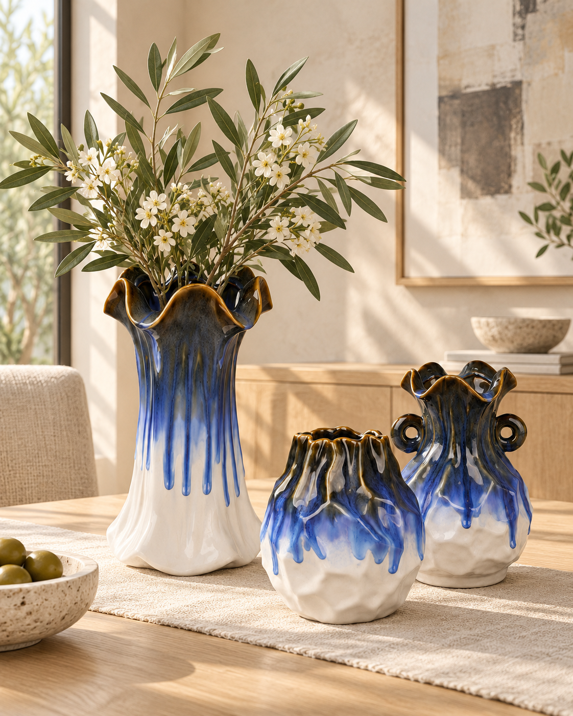 Tall Ruffled Blue Drip Ceramic Floral Vessel