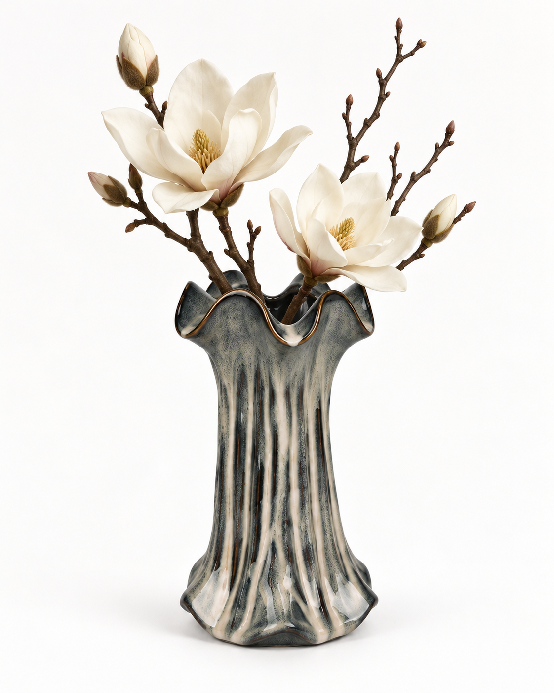 Tall Ribbed Charcoal Ceramic Floral Vessel with magnolia branches on white – ATW-S252314-B