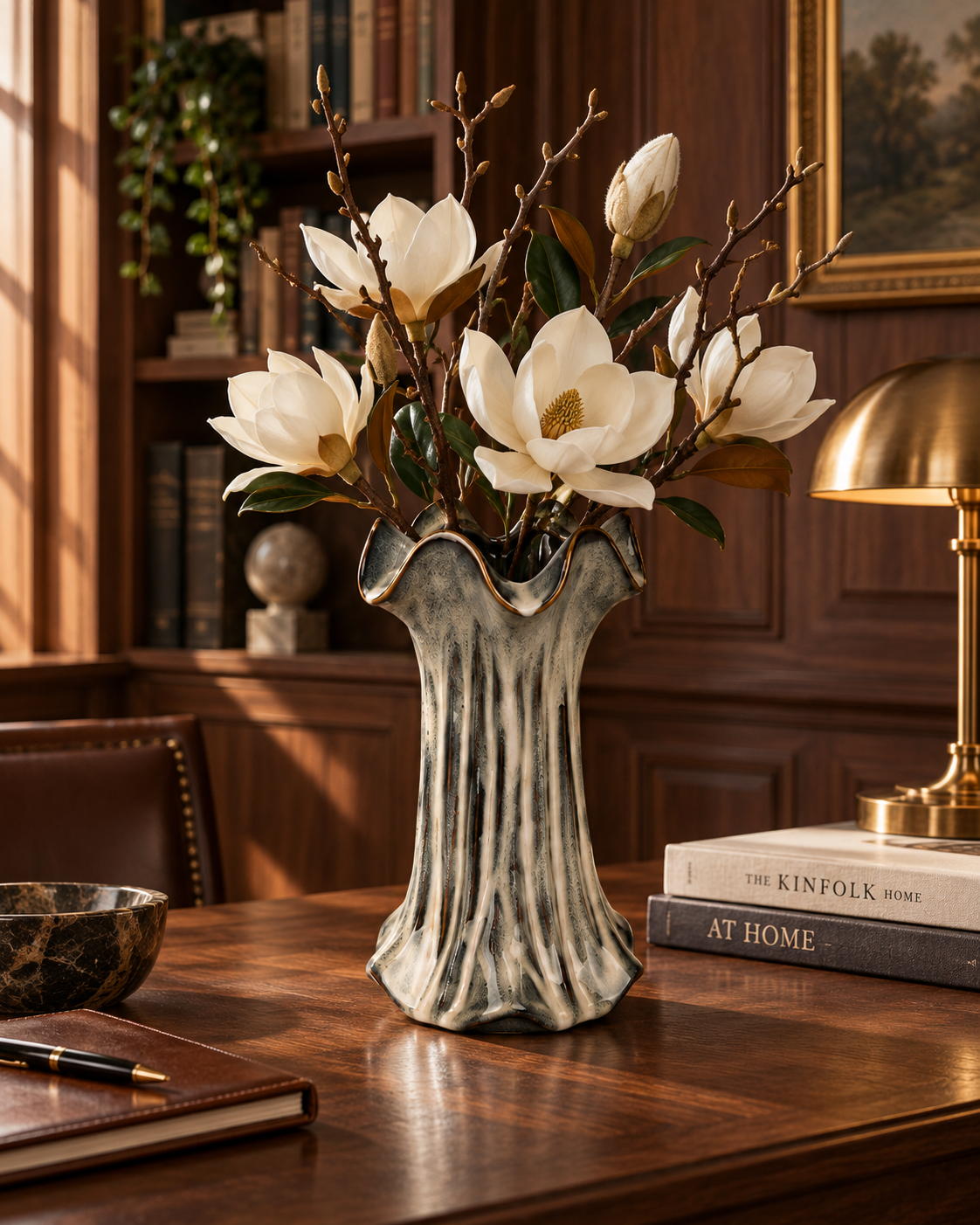 Tall Ribbed Charcoal Ceramic Floral Vessel with magnolia branches in a dark walnut study – ATW-S252314-B