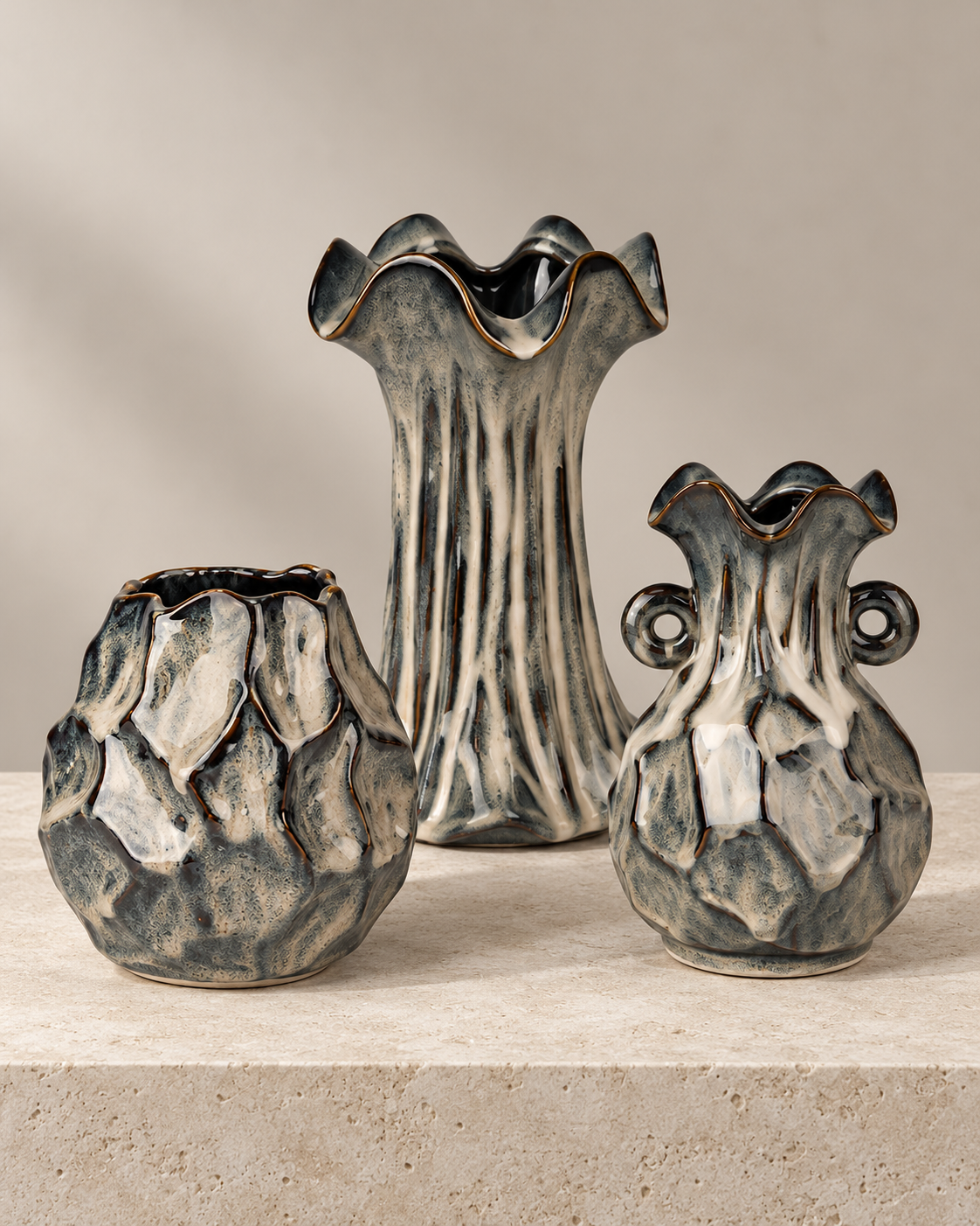 Charcoal Ceramic Floral Vessel series in a simple grouped composition – ATW-S252314-B