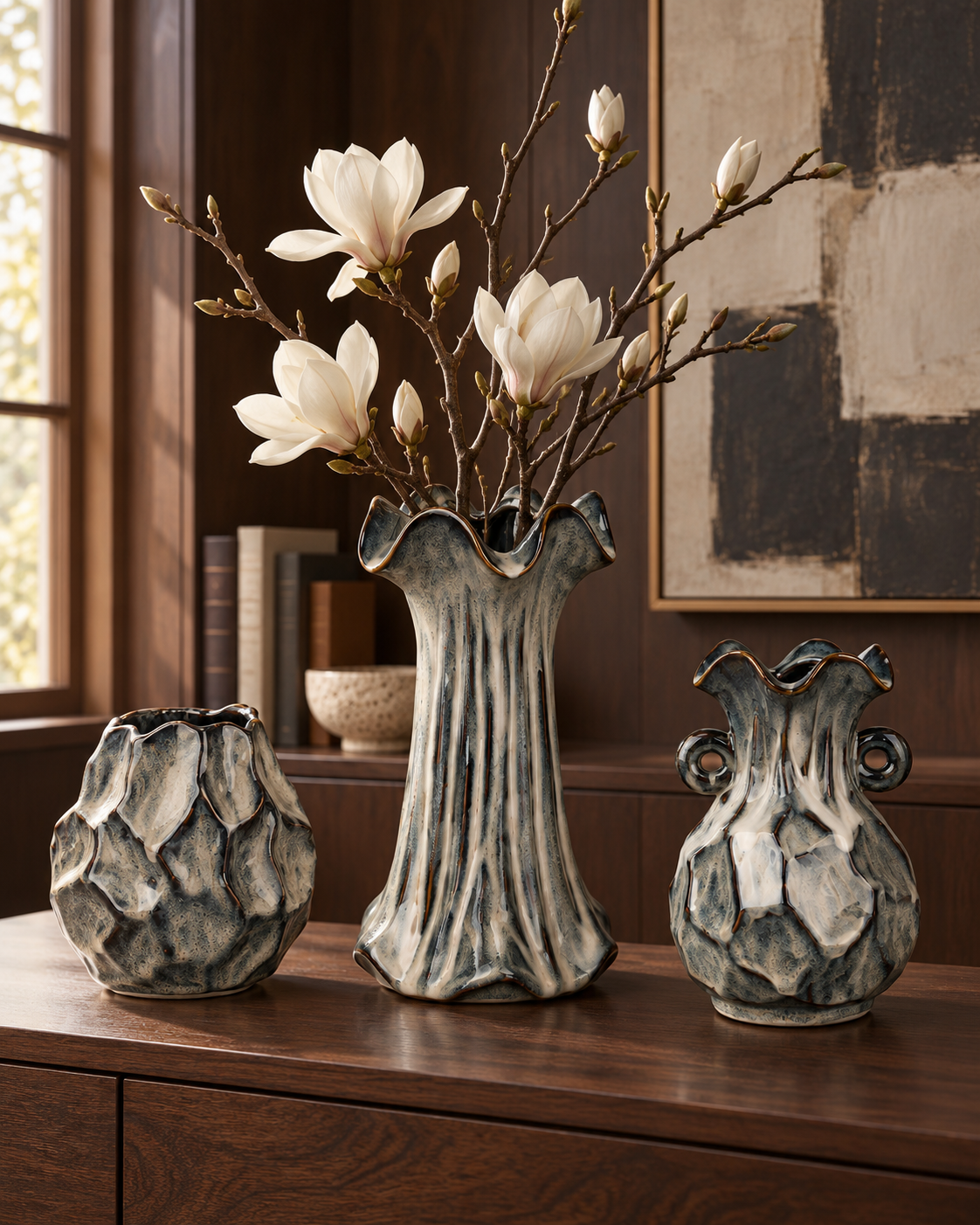 Tall Ribbed Charcoal Ceramic Floral Vessel collection in use with only the featured vessel planted – ATW-S252314-B