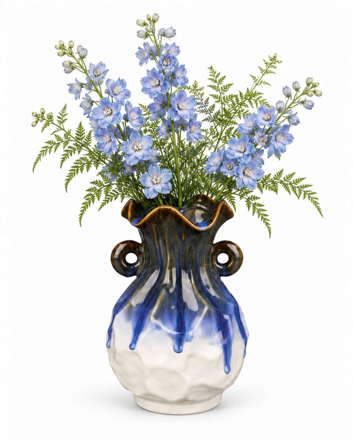 Double-Handle Blue Drip Ceramic Floral Vessel