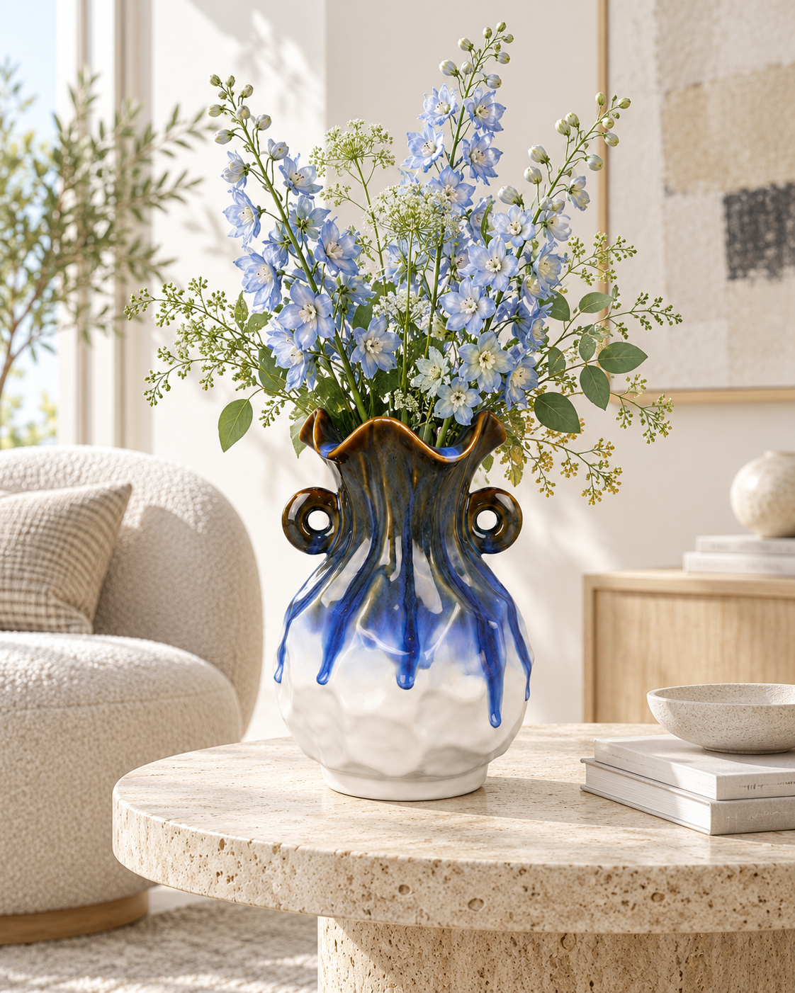 Double-Handle Blue Drip Ceramic Floral Vessel