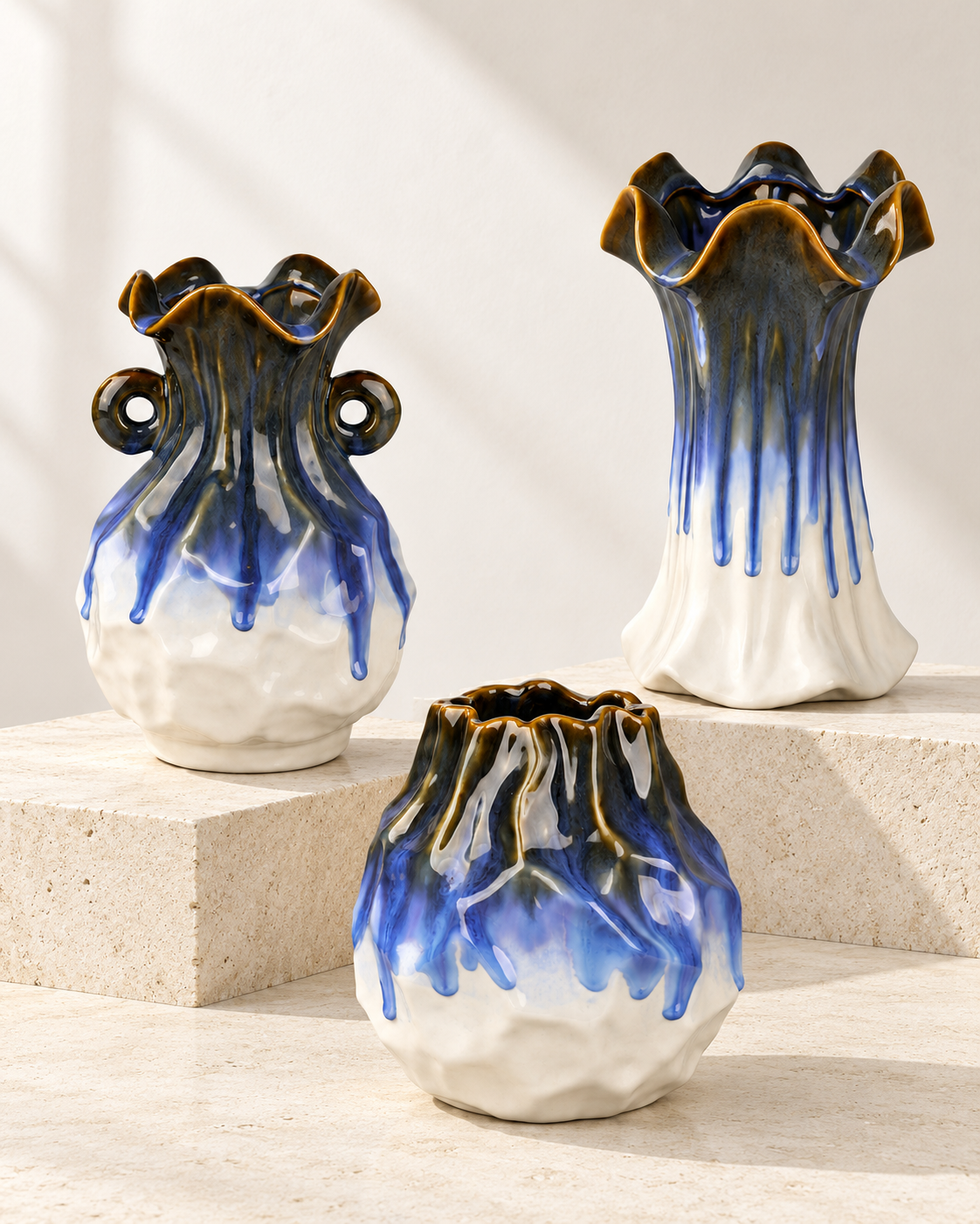 Double-Handle Blue Drip Ceramic Floral Vessel