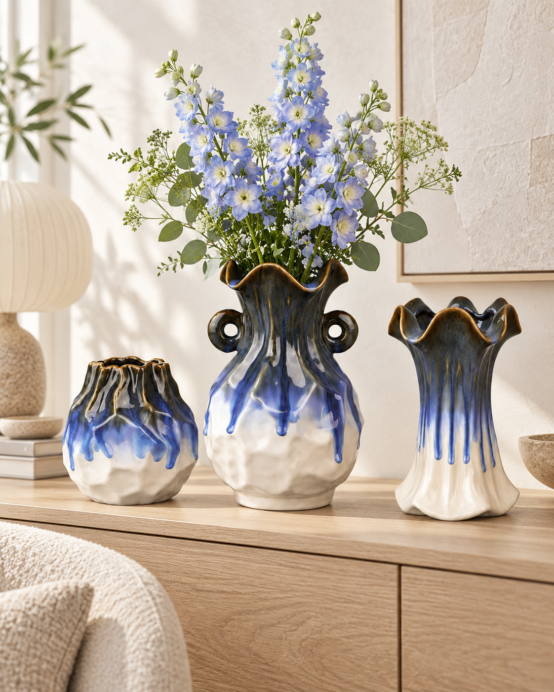 Double-Handle Blue Drip Ceramic Floral Vessel