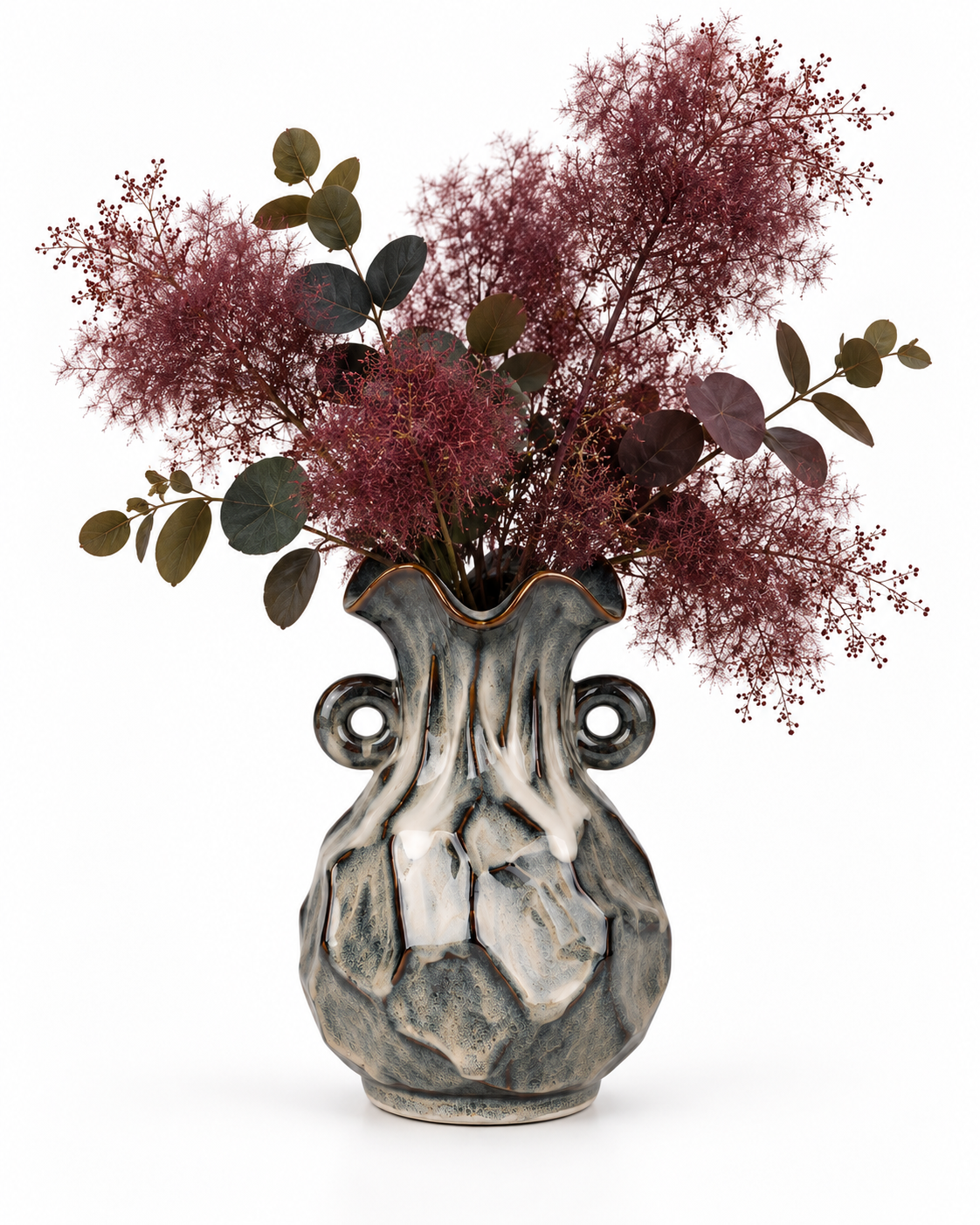 Double-Handle Charcoal Rock-Texture Ceramic Floral Vessel with smoke bush and dark foliage on white – ATW-S252315-B
