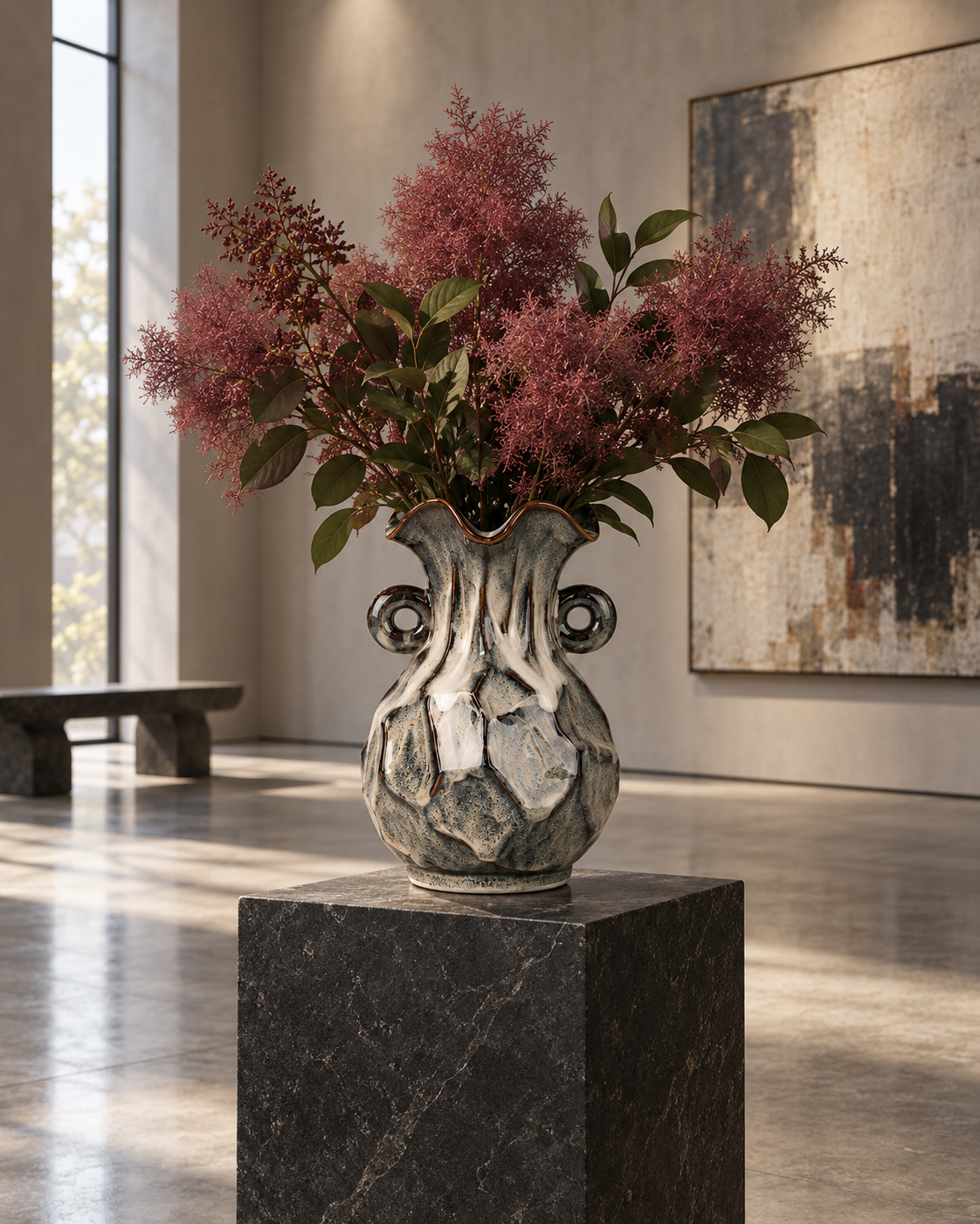 Double-Handle Charcoal Rock-Texture Ceramic Floral Vessel with smoke bush and dark foliage in a gallery-style interior – ATW-S252315-B