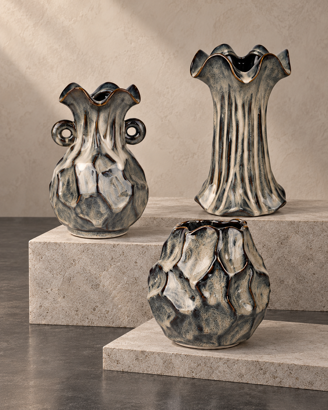 Charcoal Rock-Texture Ceramic Floral Vessel series in a simple grouped composition – ATW-S252315-B