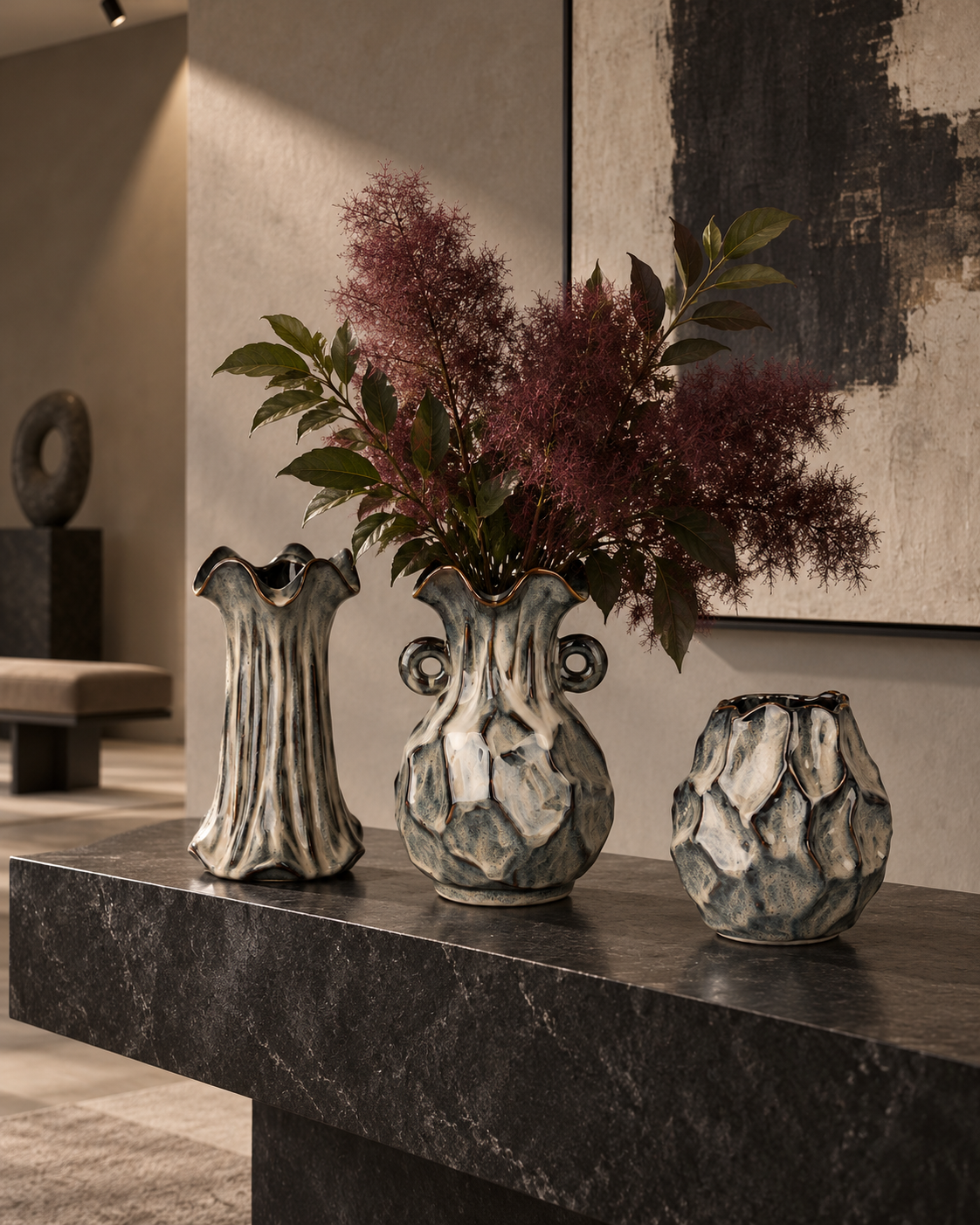 Double-Handle Charcoal Rock-Texture Ceramic Floral Vessel collection in use with only the featured vessel planted – ATW-S252315-B