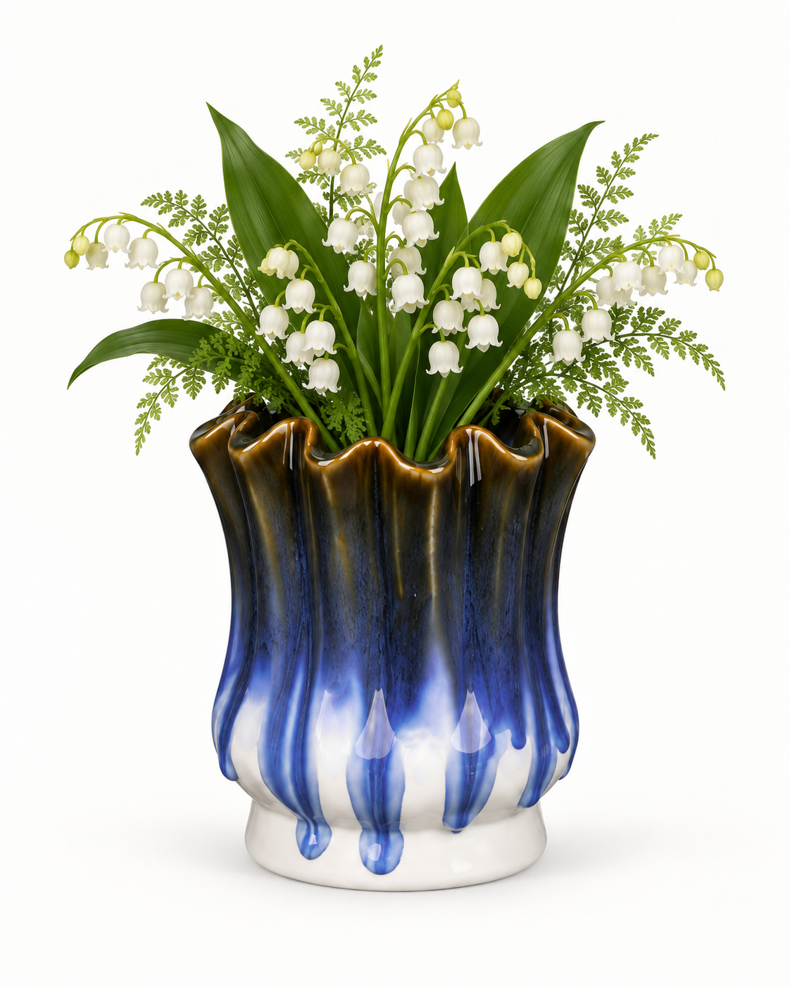 Petite Ruffled Blue Drip Ceramic Floral Vessel