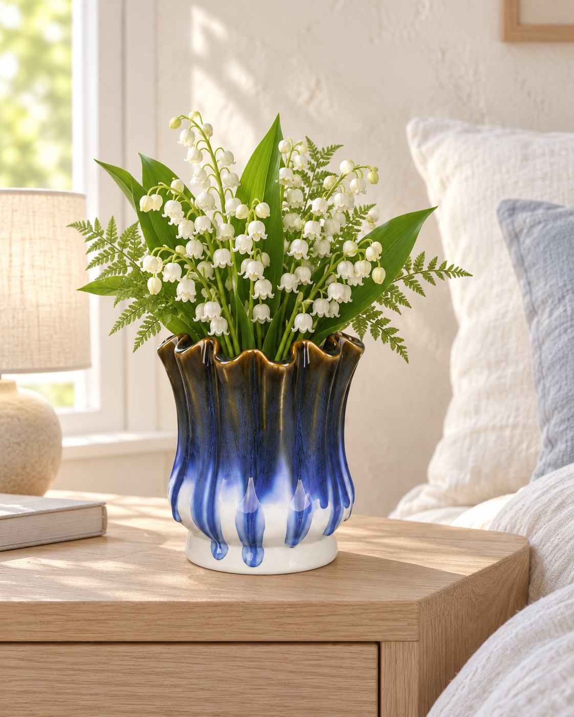 Petite Ruffled Blue Drip Ceramic Floral Vessel