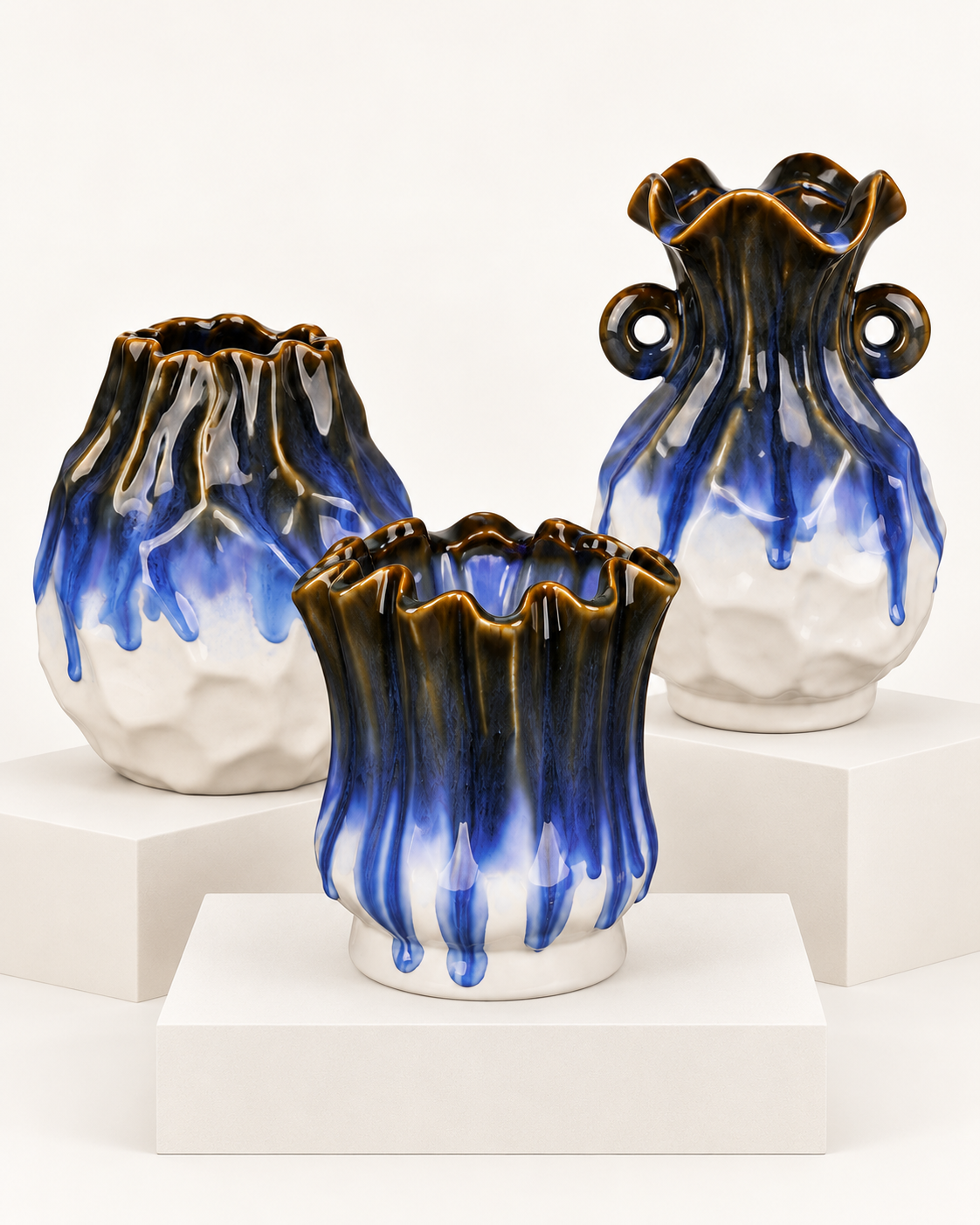 Petite Ruffled Blue Drip Ceramic Floral Vessel