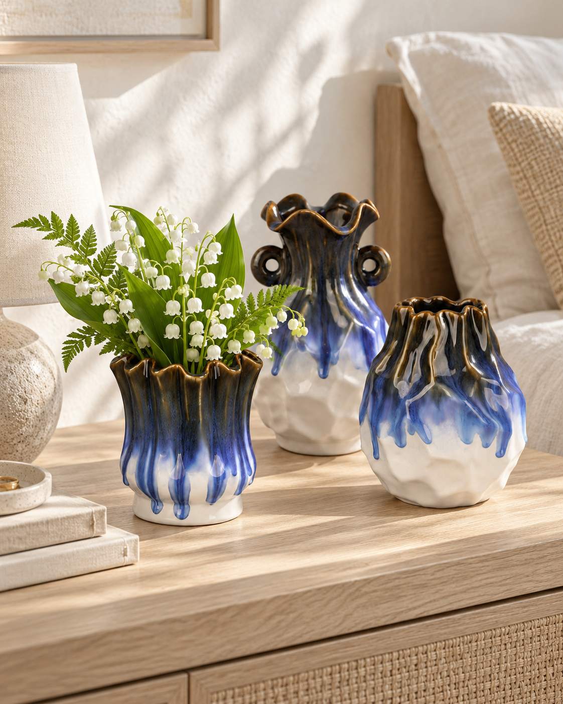 Petite Ruffled Blue Drip Ceramic Floral Vessel