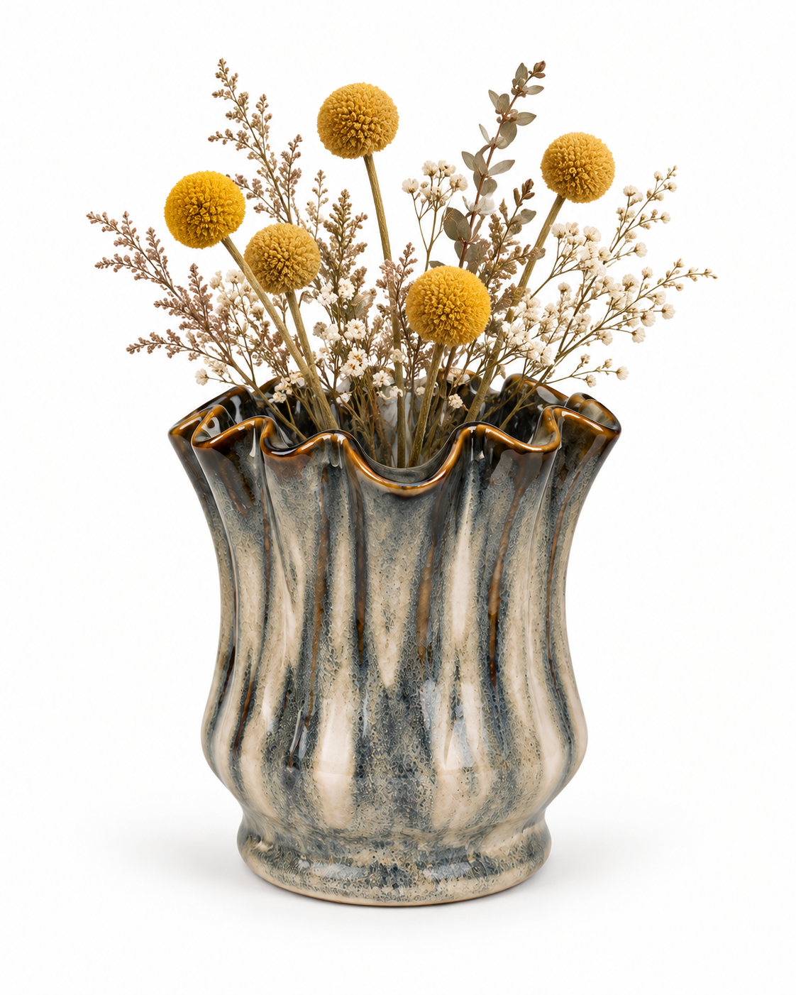 Petite Ribbed Charcoal Ceramic Floral Vessel with craspedia and dried botanicals on white – ATW-S252316-B