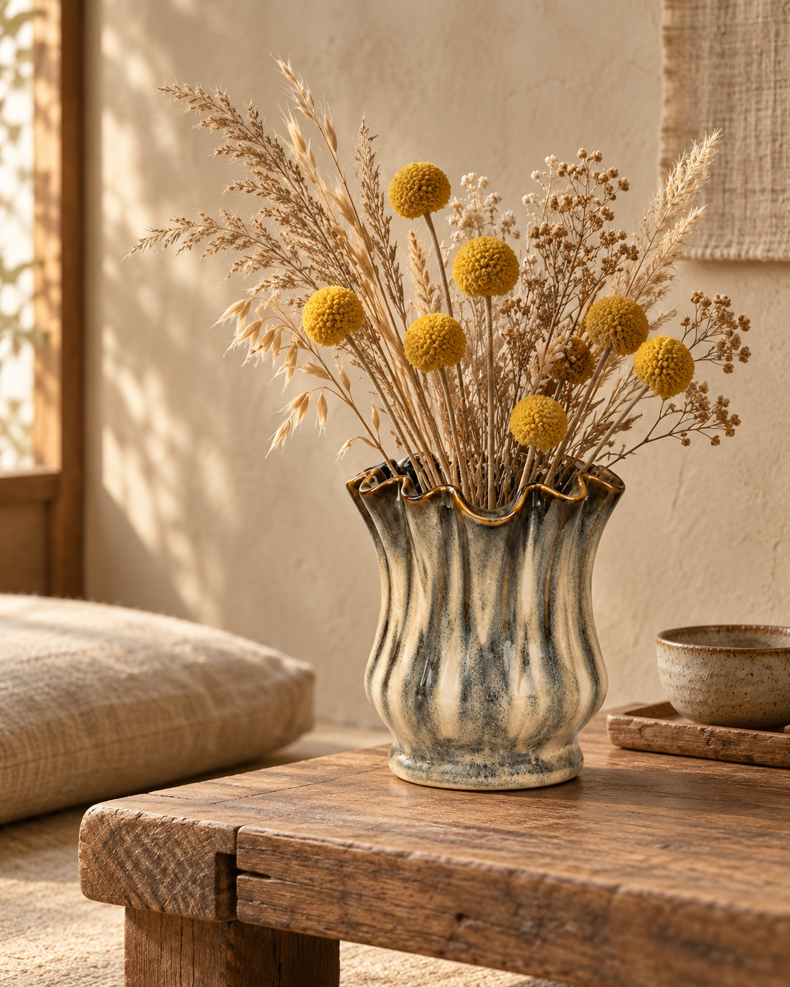 Petite Ribbed Charcoal Ceramic Floral Vessel with craspedia and dried botanicals in a wabi-sabi tea room – ATW-S252316-B
