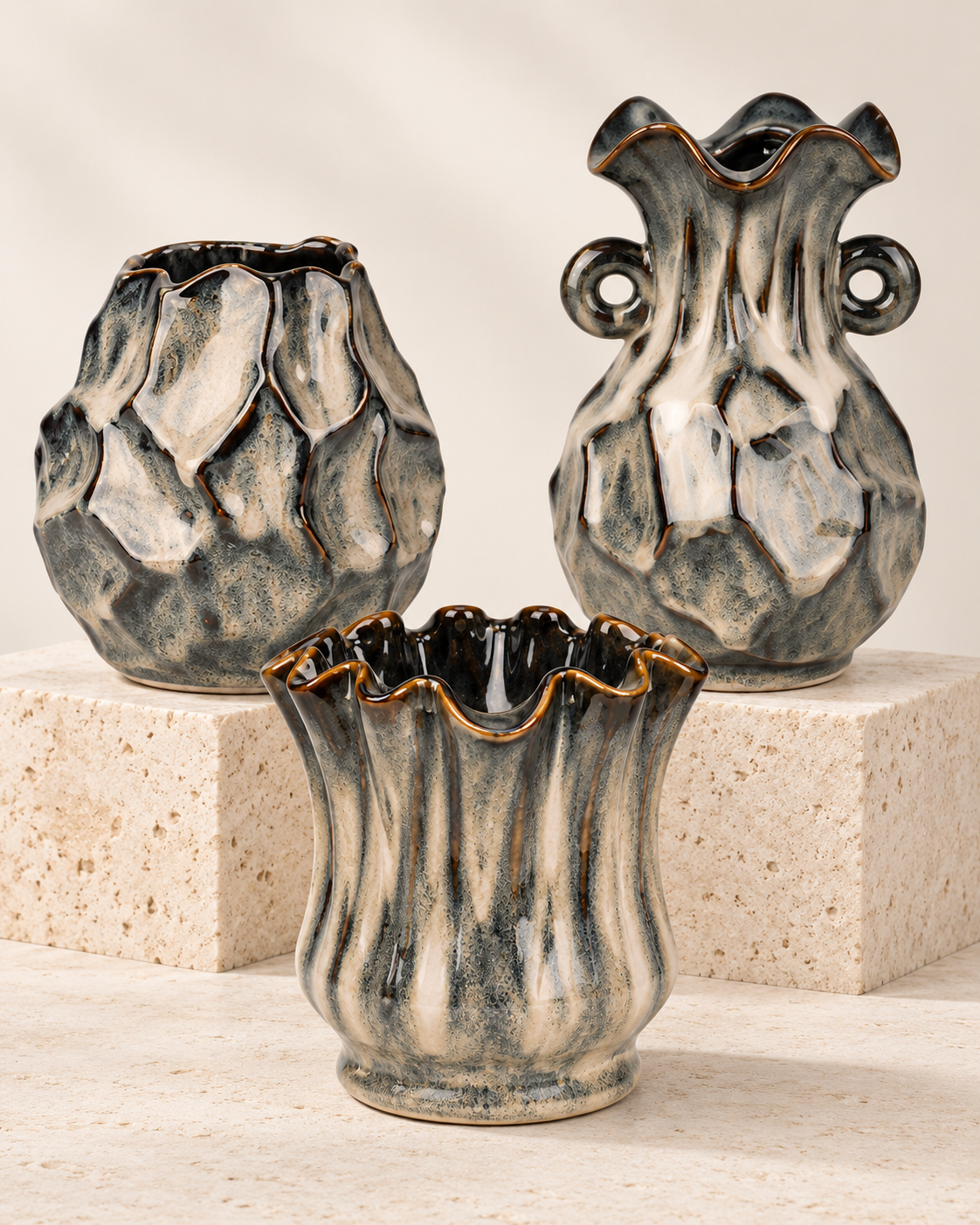 Charcoal Ceramic Floral Vessel series in a simple grouped composition – ATW-S252316-B