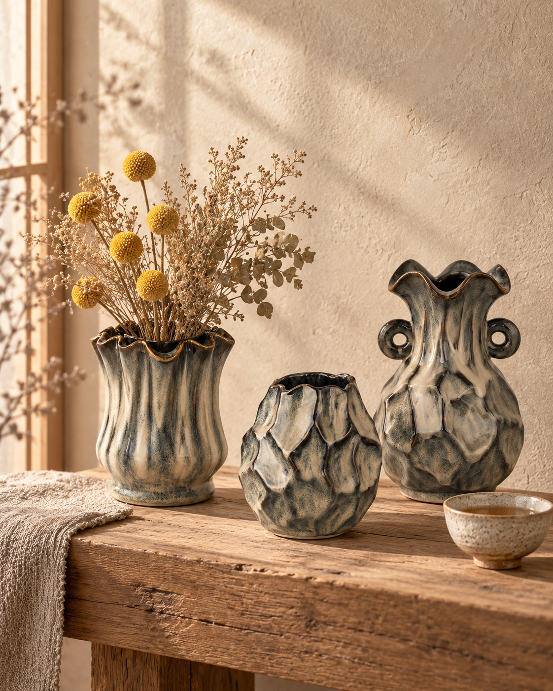 Petite Ribbed Charcoal Ceramic Floral Vessel collection in use with only the featured vessel planted – ATW-S252316-B