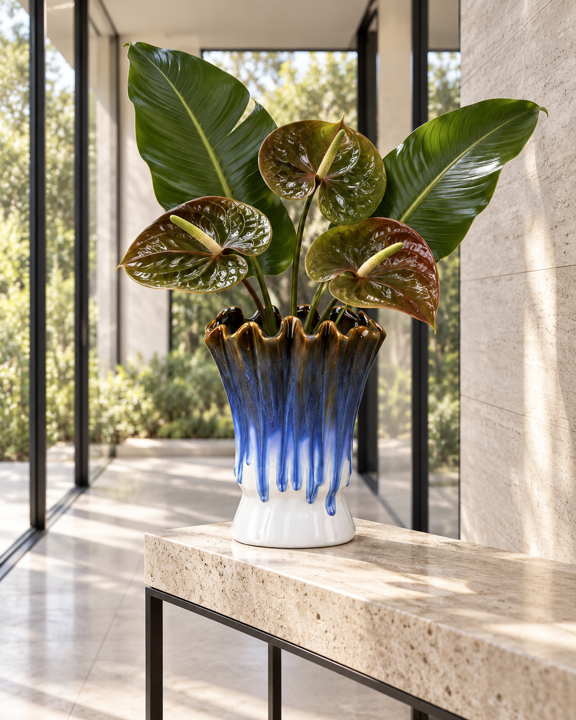 Fluted Blue Drip Ceramic Floral Vessel with anthurium leaf and tropical foliage in a open modern entryway – ATW-S252317-A