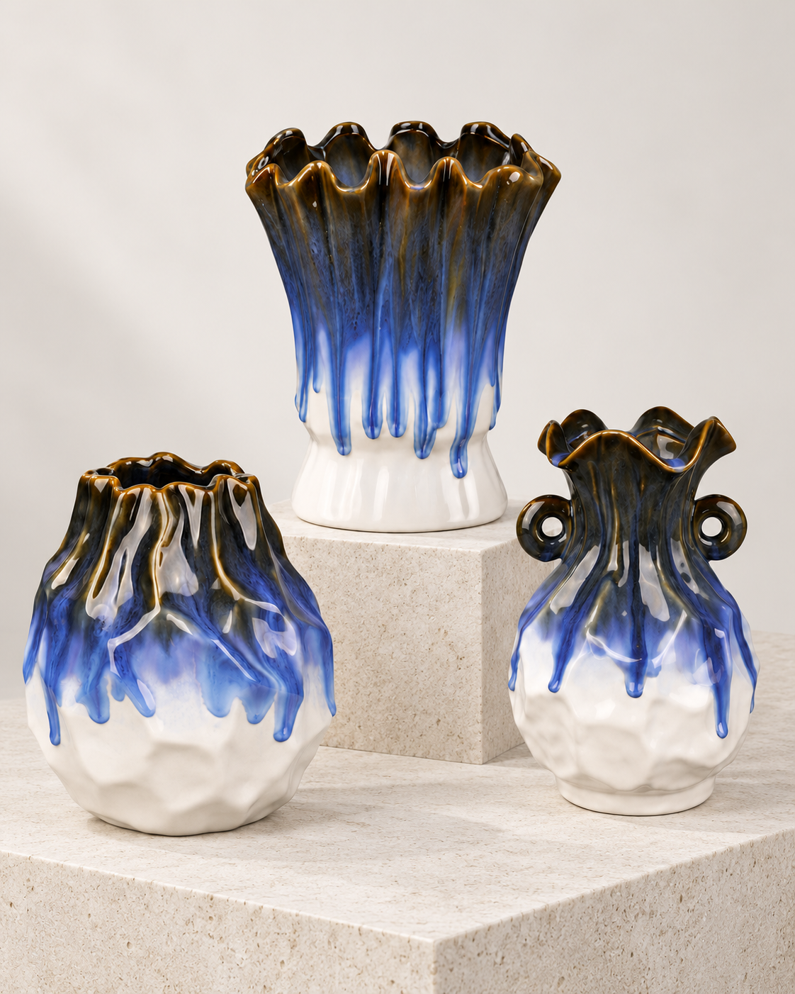 Blue Drip Ceramic Floral Vessel series in a simple grouped composition – ATW-S252317-A