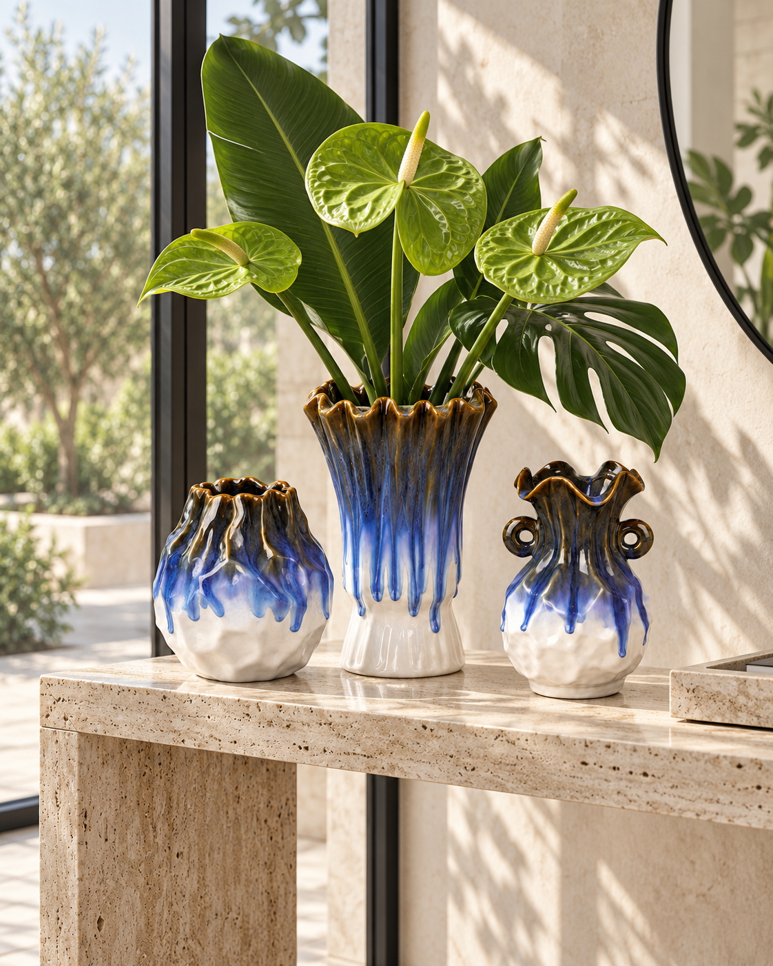 Fluted Blue Drip Ceramic Floral Vessel collection in use with only the featured vessel planted – ATW-S252317-A