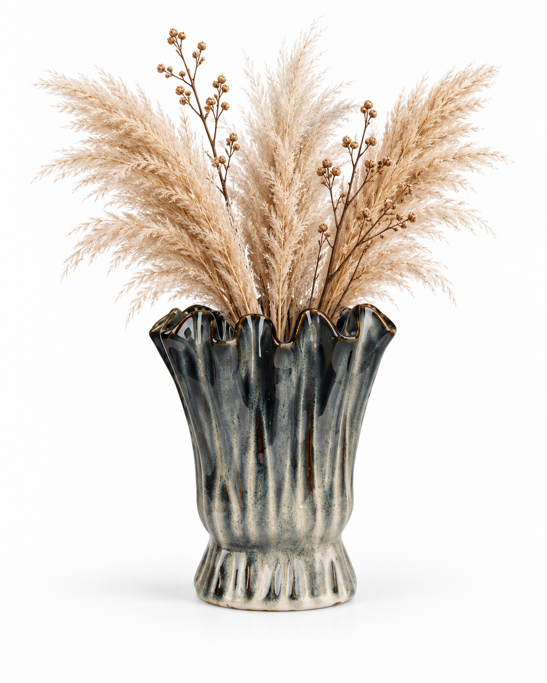 Fluted Charcoal Ceramic Floral Vessel with pampas grass and fine branches on white – ATW-S252317-B