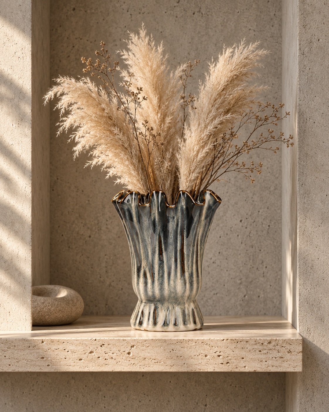 Fluted Charcoal Ceramic Floral Vessel with pampas grass and fine branches in a concrete alcove interior – ATW-S252317-B