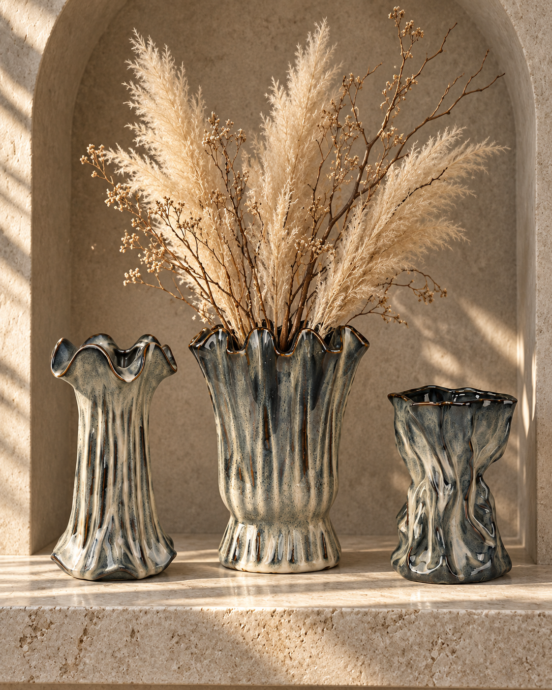 Fluted Charcoal Ceramic Floral Vessel collection in use with only the featured vessel planted – ATW-S252317-B