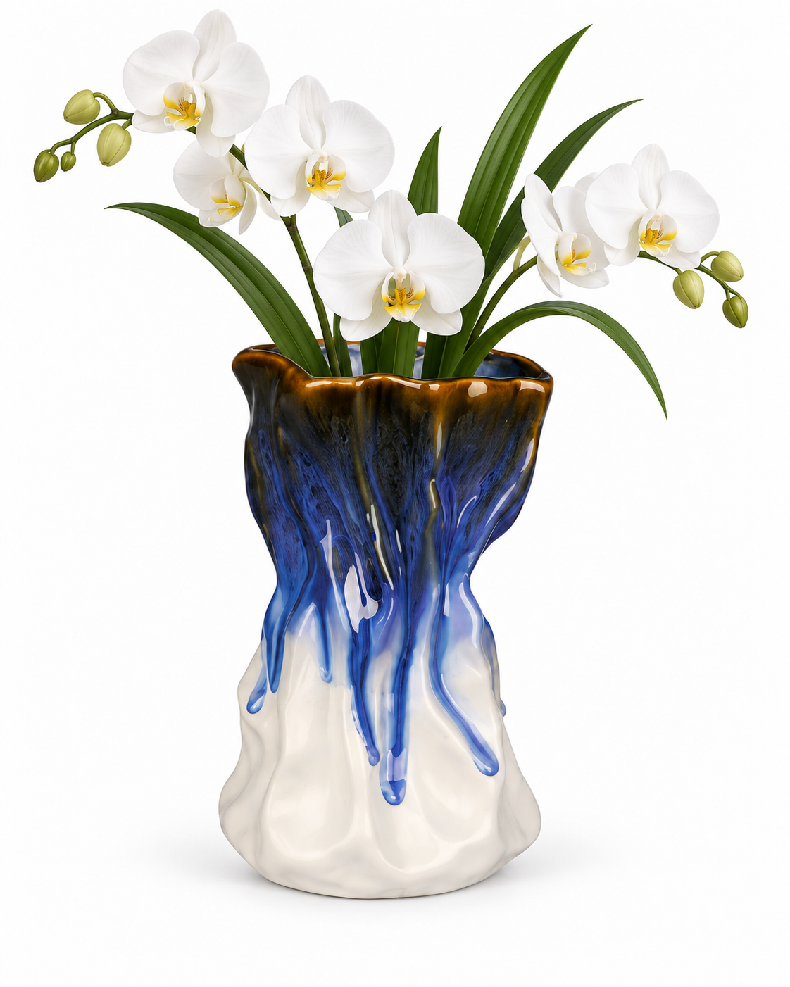 Sculptural Blue Drip Ceramic Floral Vessel with white orchids and linear foliage on white – ATW-S252318-A