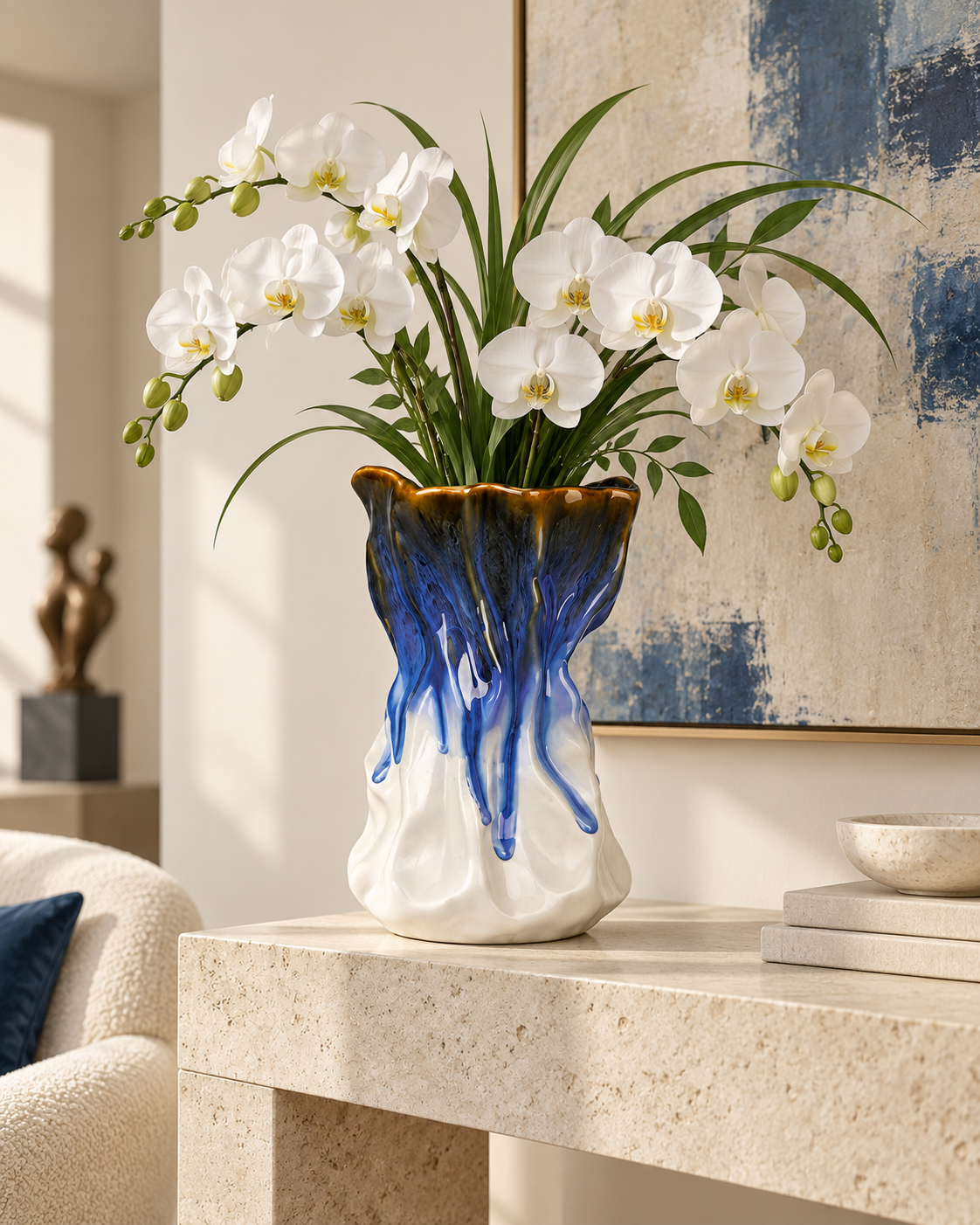 Sculptural Blue Drip Ceramic Floral Vessel with white orchids and linear foliage in a art collector living room – ATW-S252318-A