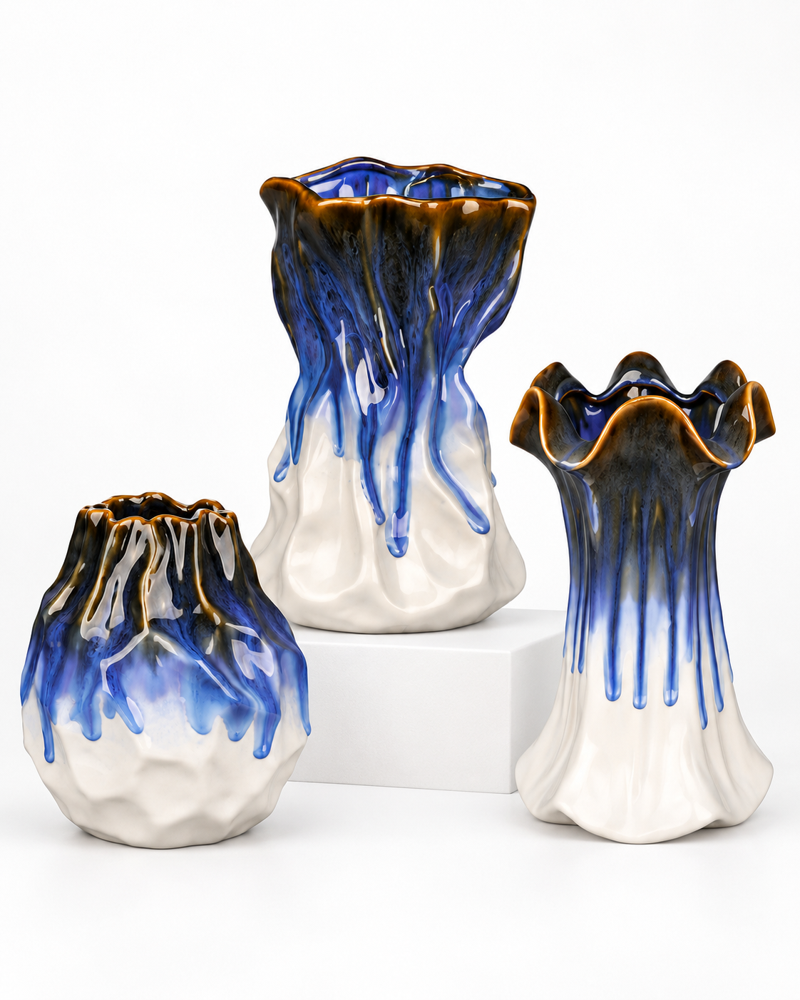 Blue Drip Ceramic Floral Vessel series in a simple grouped composition – ATW-S252318-A