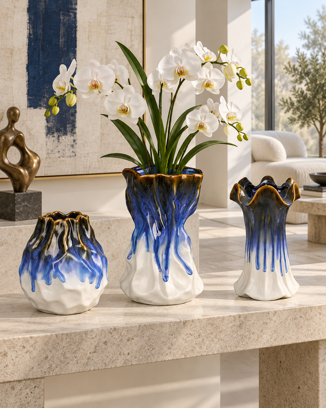 Sculptural Blue Drip Ceramic Floral Vessel collection in use with only the featured vessel planted – ATW-S252318-A