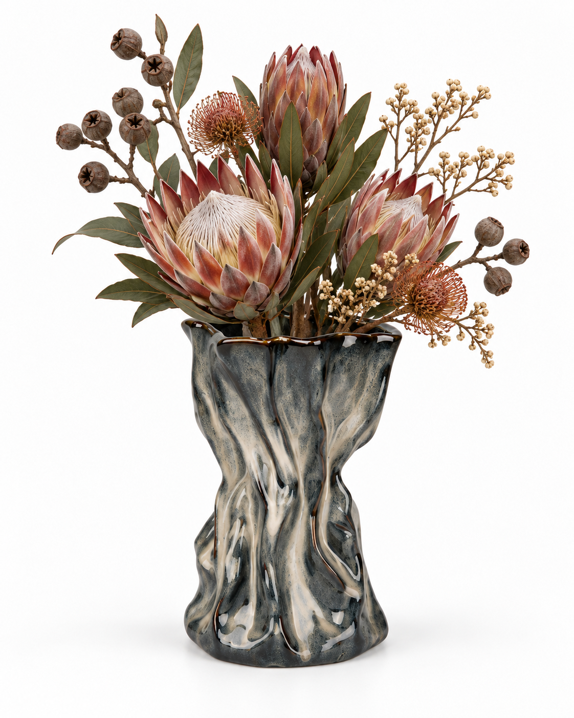 Sculptural Charcoal Ceramic Floral Vessel with protea and sculptural branches on white – ATW-S252318-B