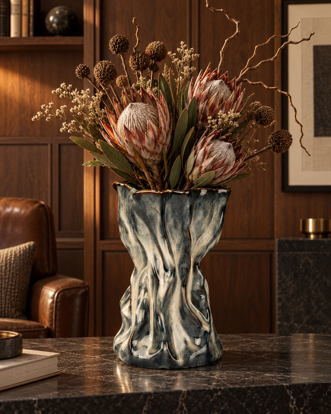 Sculptural Charcoal Ceramic Floral Vessel with protea and sculptural branches in a warm luxury study – ATW-S252318-B
