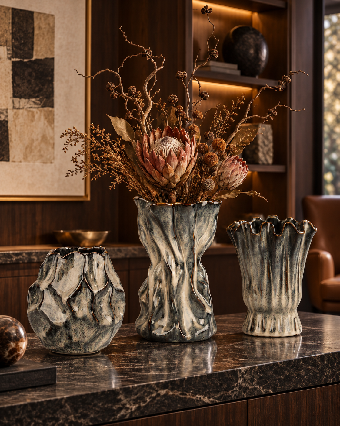 Sculptural Charcoal Ceramic Floral Vessel collection in use with only the featured vessel planted – ATW-S252318-B