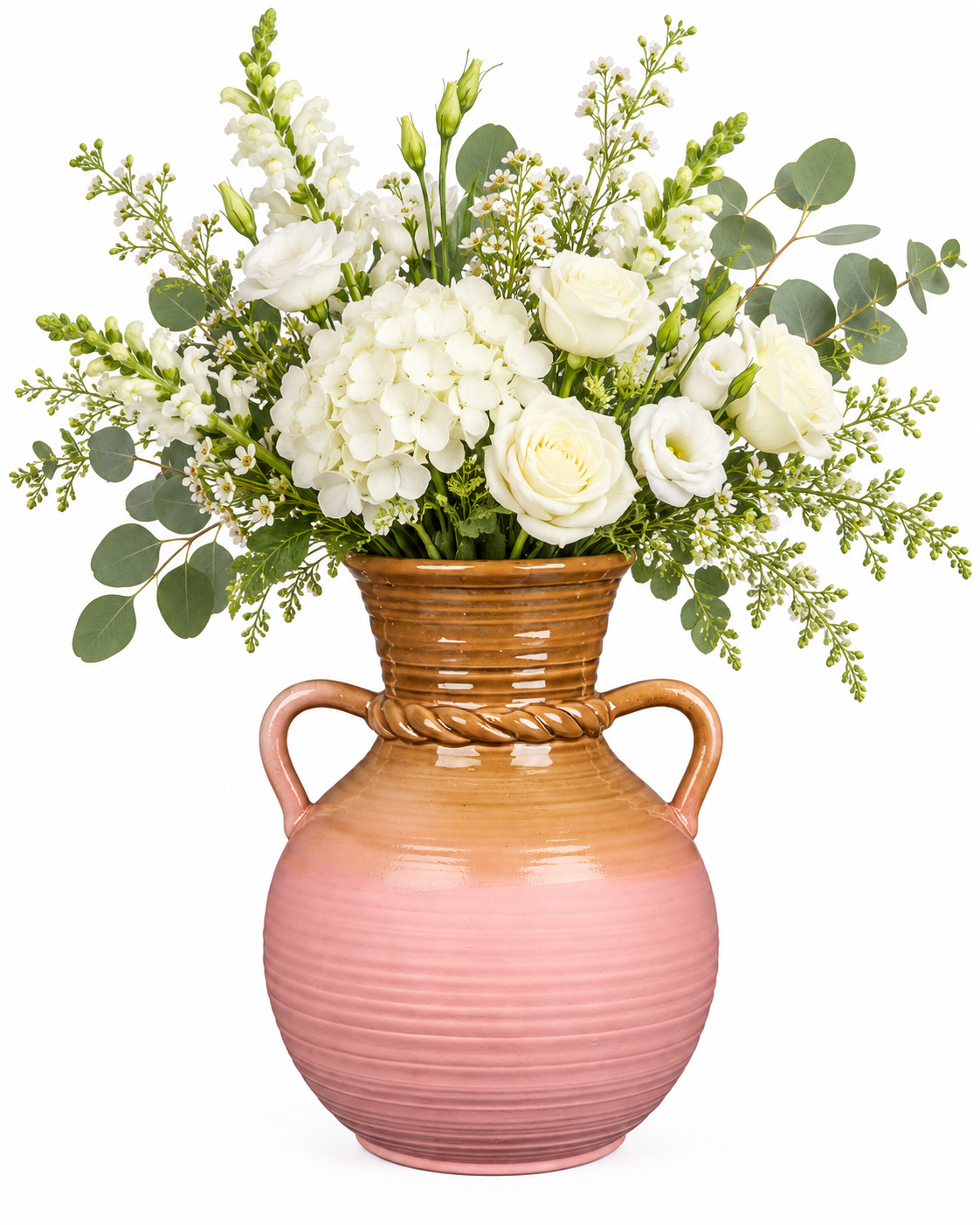 Double-Handle Ribbed Blush Ceramic Floral Vessel – ATW-S252322-A – LH Homecraft