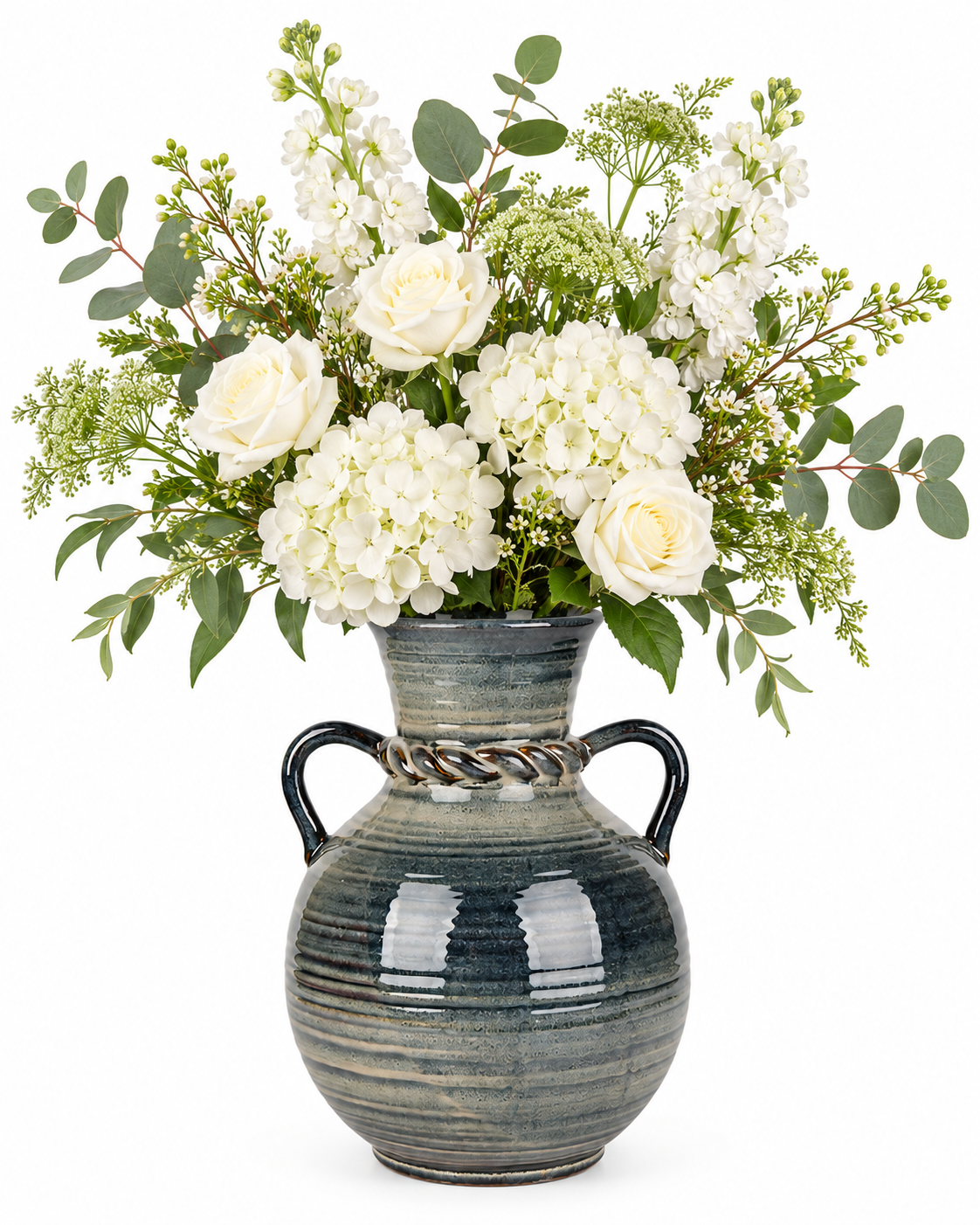 Double-Handle Ribbed Charcoal Ceramic Floral Vessel