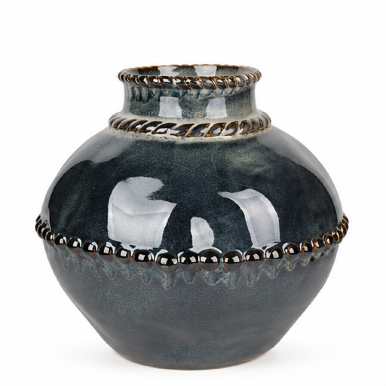 Rounded Beaded Charcoal Ceramic Floral Vessel