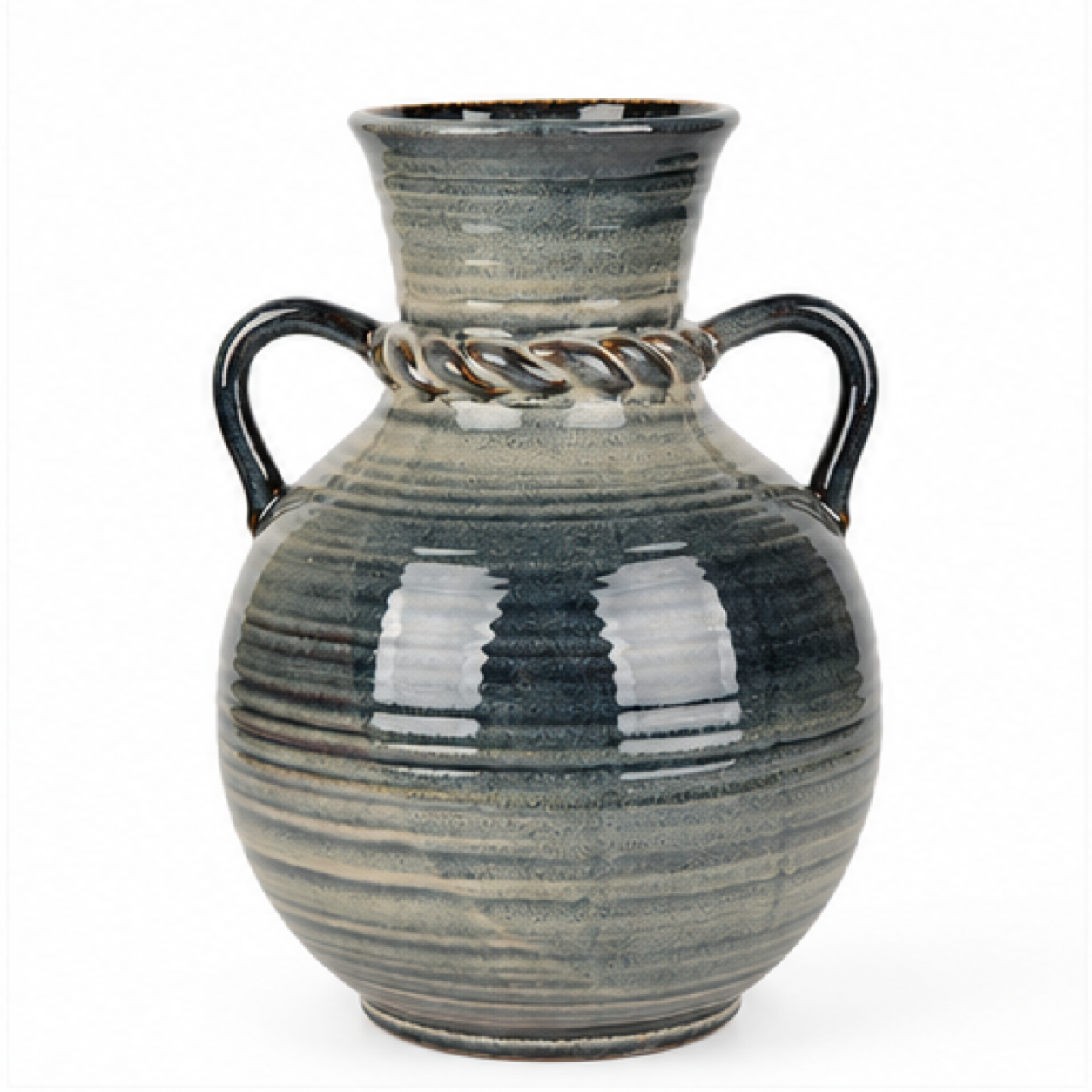 Double-Handle Ribbed Charcoal Ceramic Floral Vessel