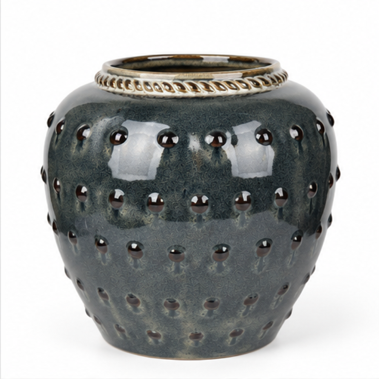 Beaded Charcoal Ceramic Floral Vessel