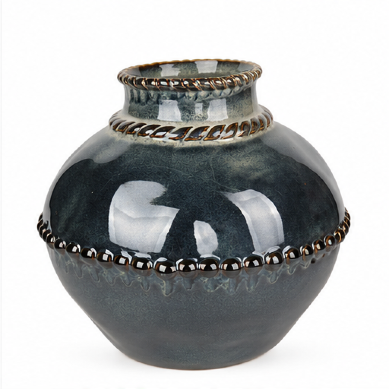 Rounded Beaded Charcoal Ceramic Floral Vessel
