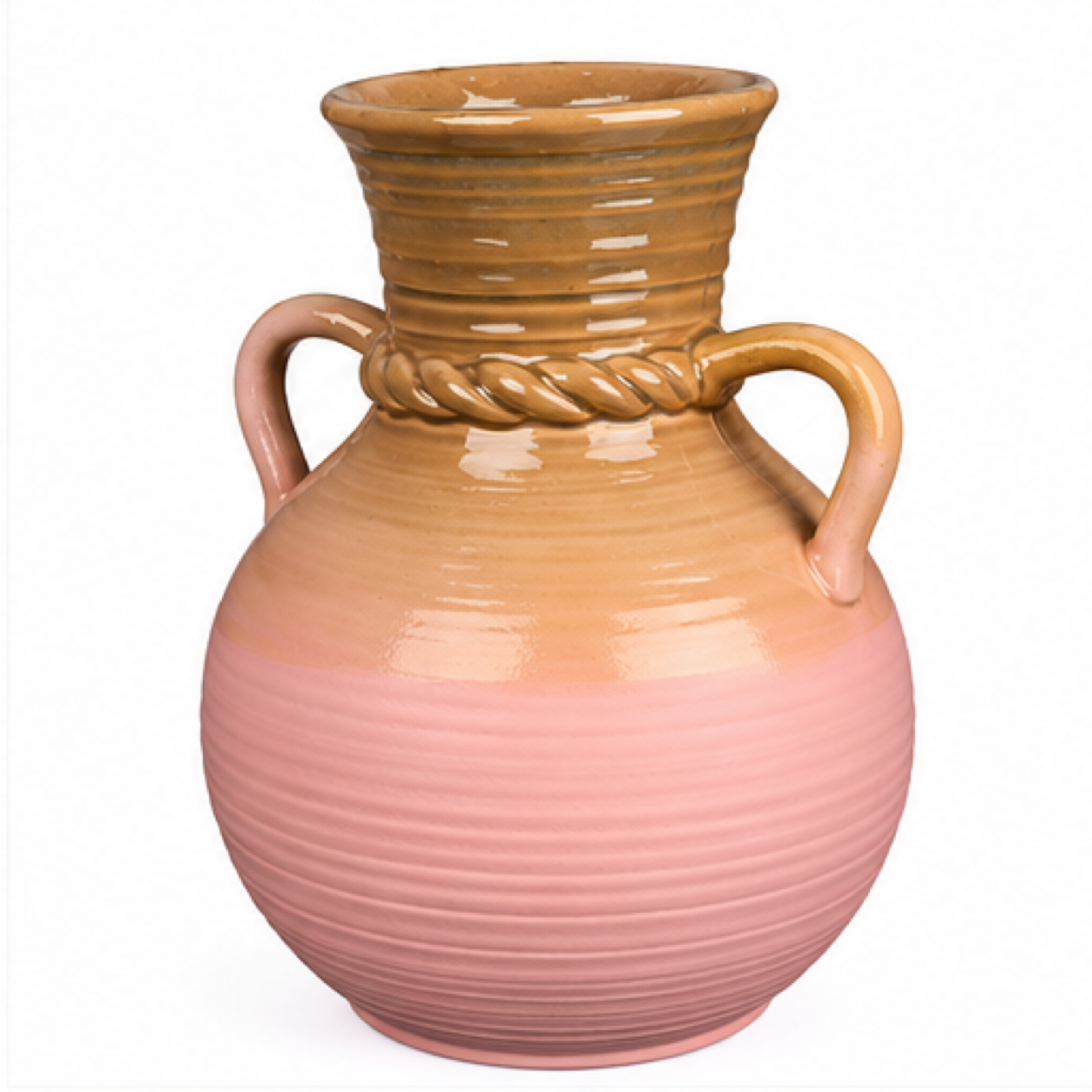 Double-Handle Ribbed Blush Ceramic Floral Vessel