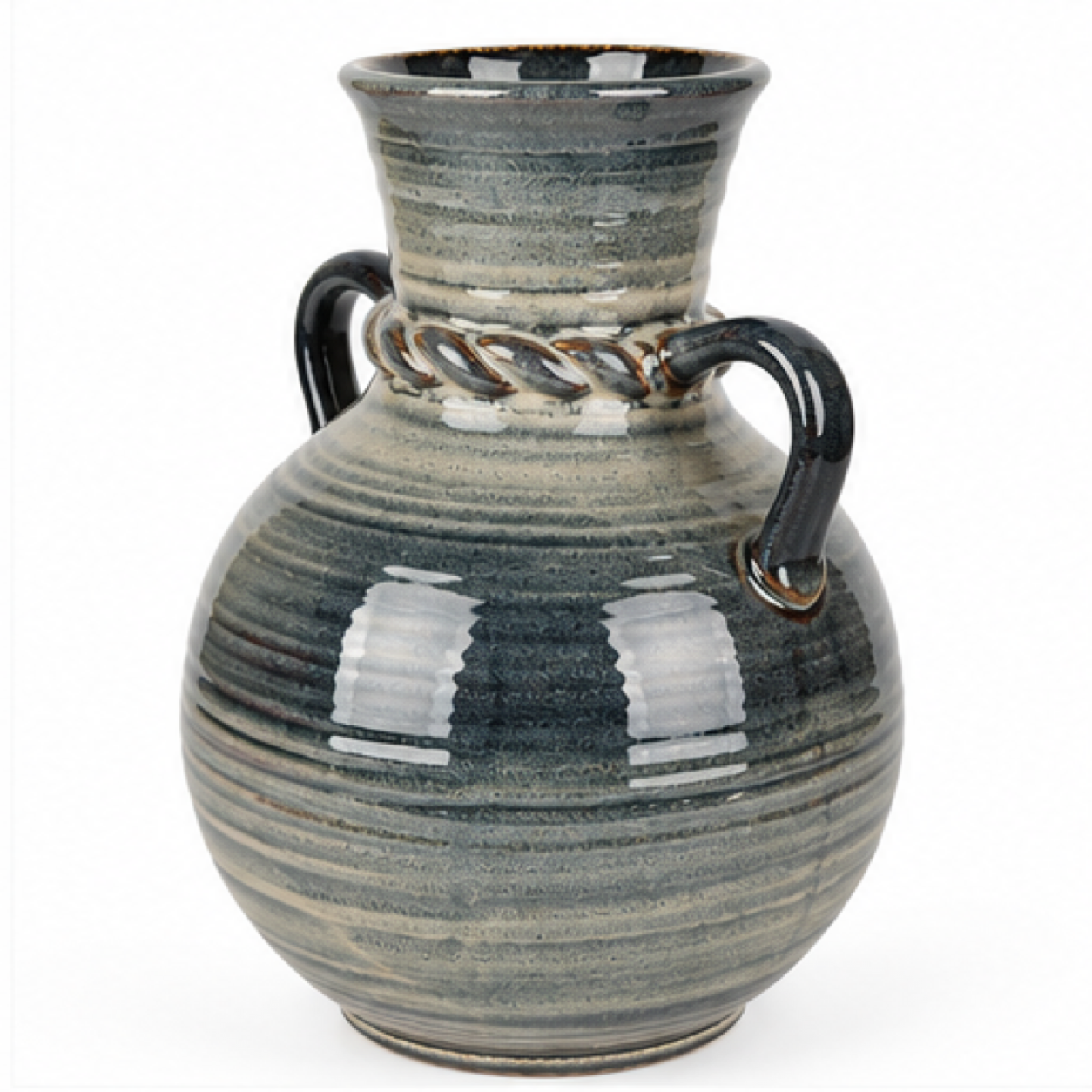 Double-Handle Ribbed Charcoal Ceramic Floral Vessel