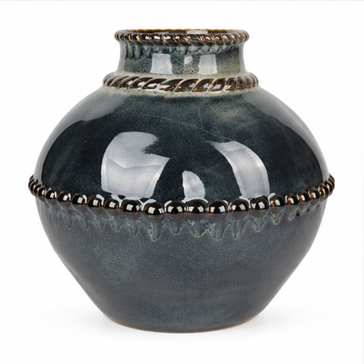 Rounded Beaded Charcoal Ceramic Floral Vessel