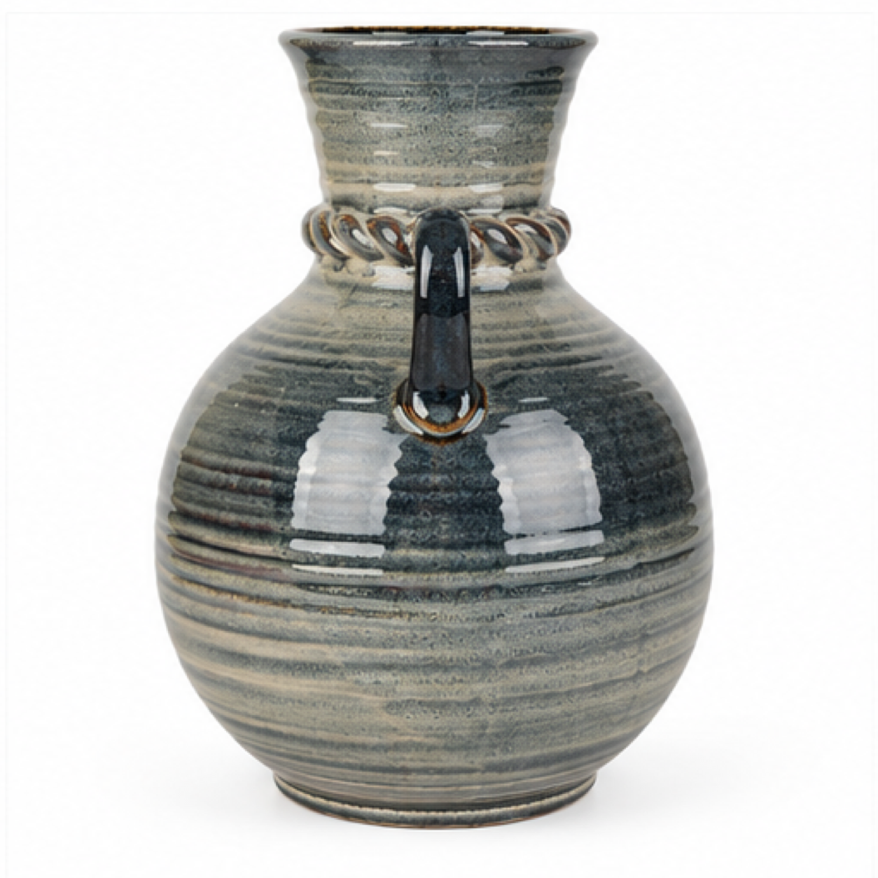 Double-Handle Ribbed Charcoal Ceramic Floral Vessel