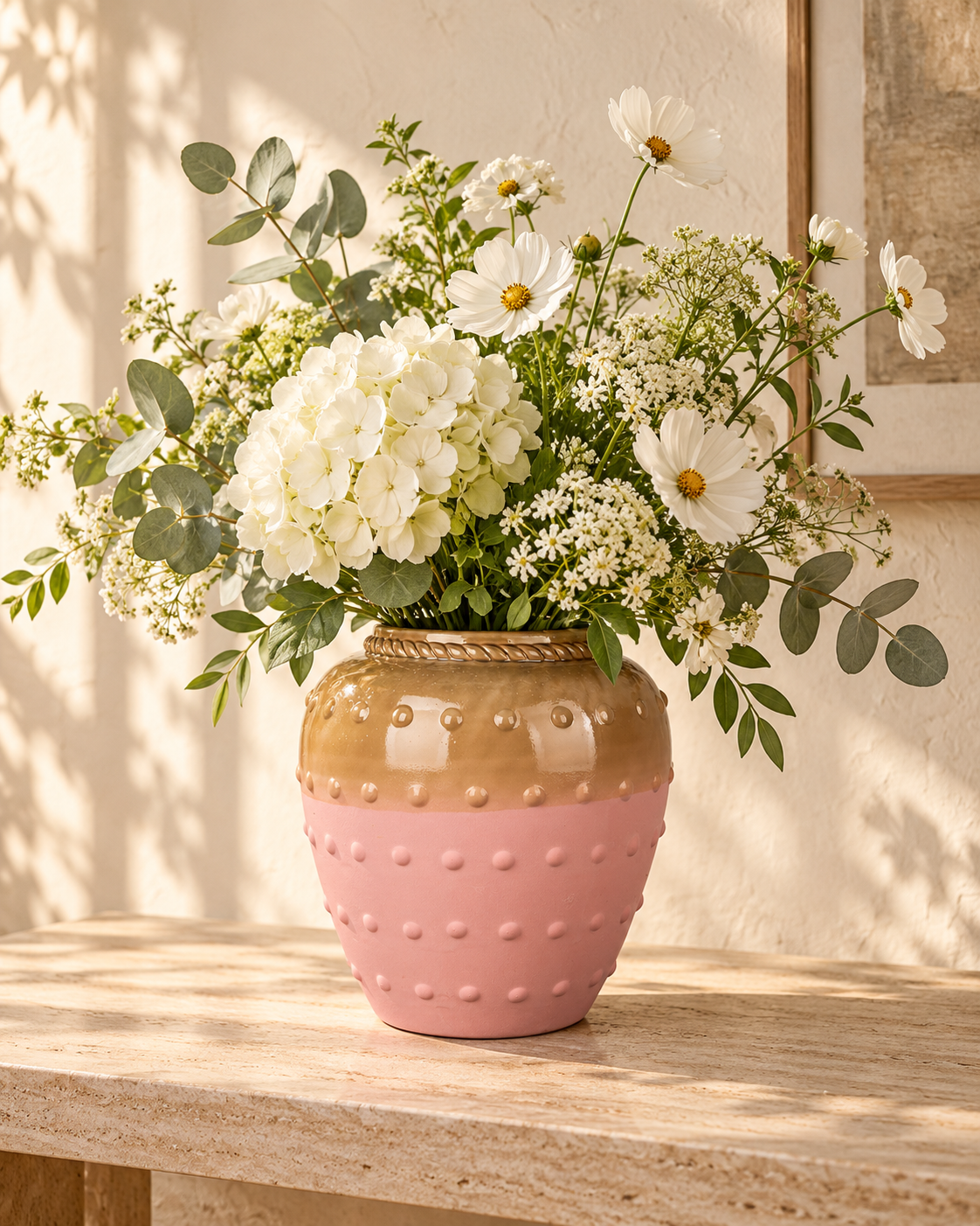 Beaded Blush & Sand Ceramic Floral Vessel