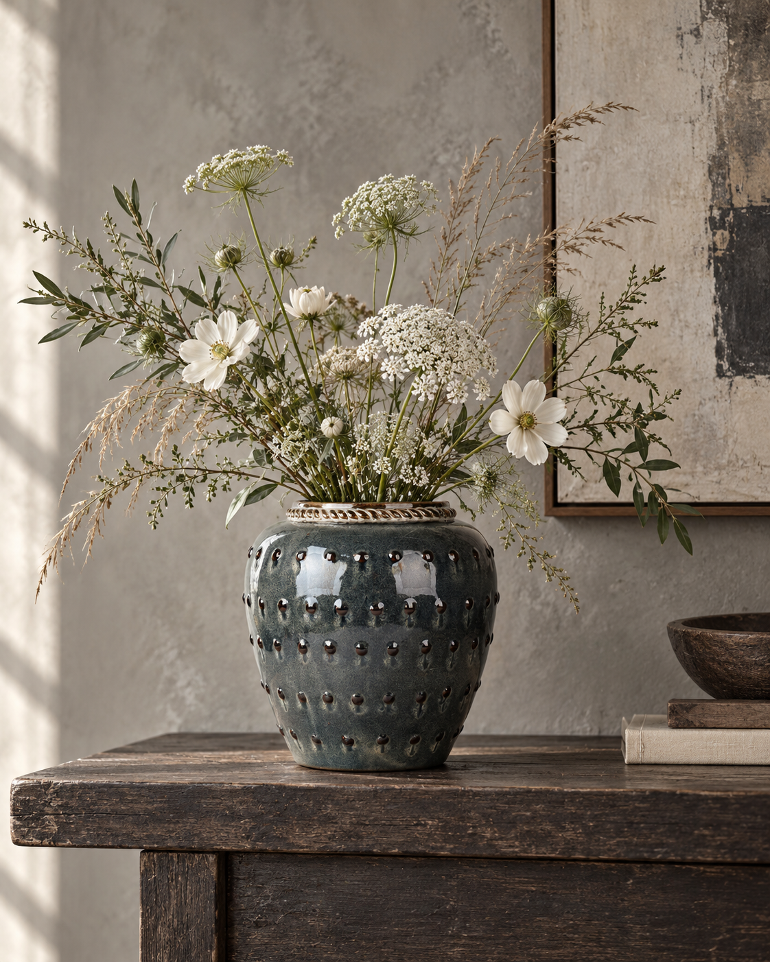 Beaded Charcoal Ceramic Floral Vessel